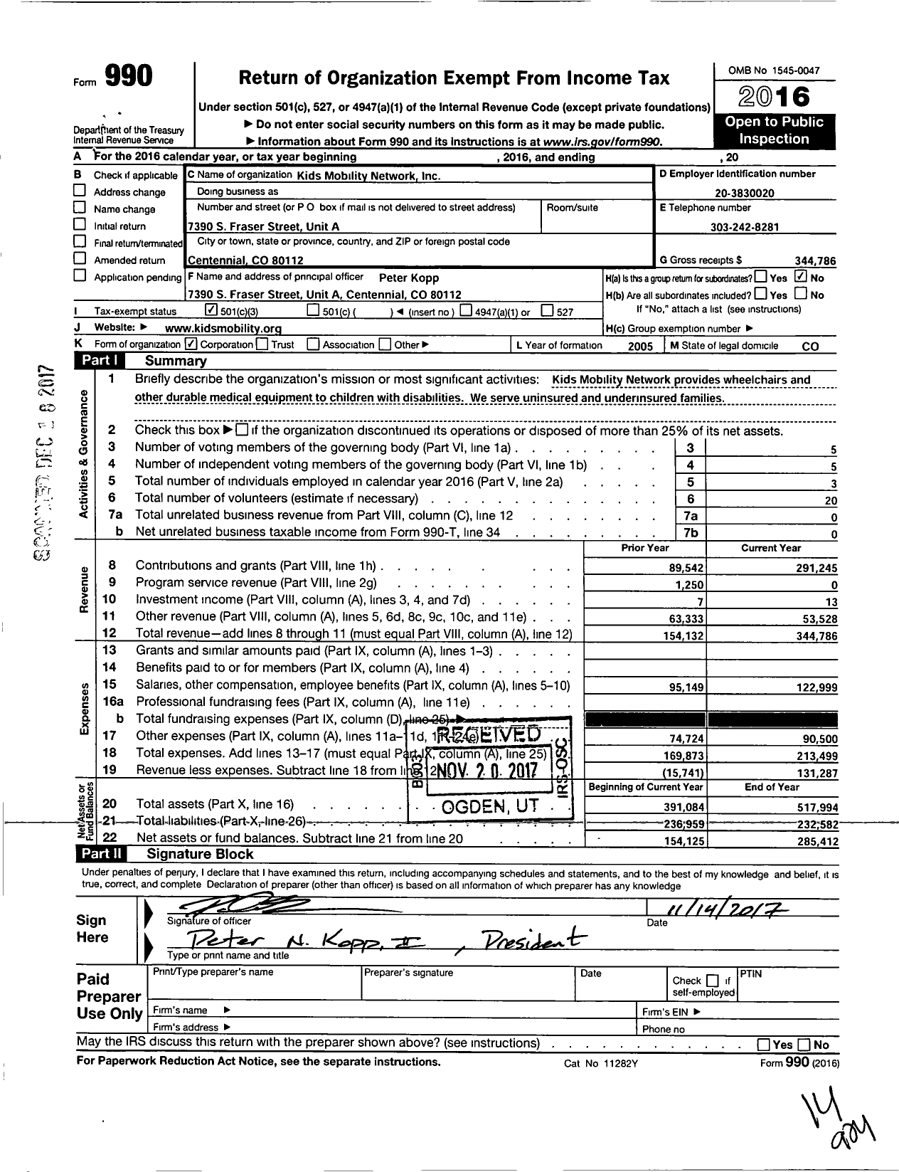 Image of first page of 2016 Form 990 for Kids Mobility Network