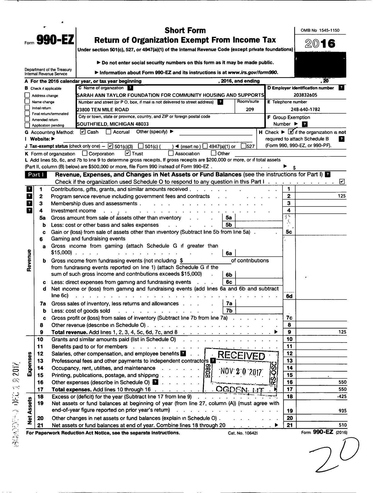 Image of first page of 2016 Form 990EZ for Sarah Ann Taylor Foundation for Community Housing and Supports