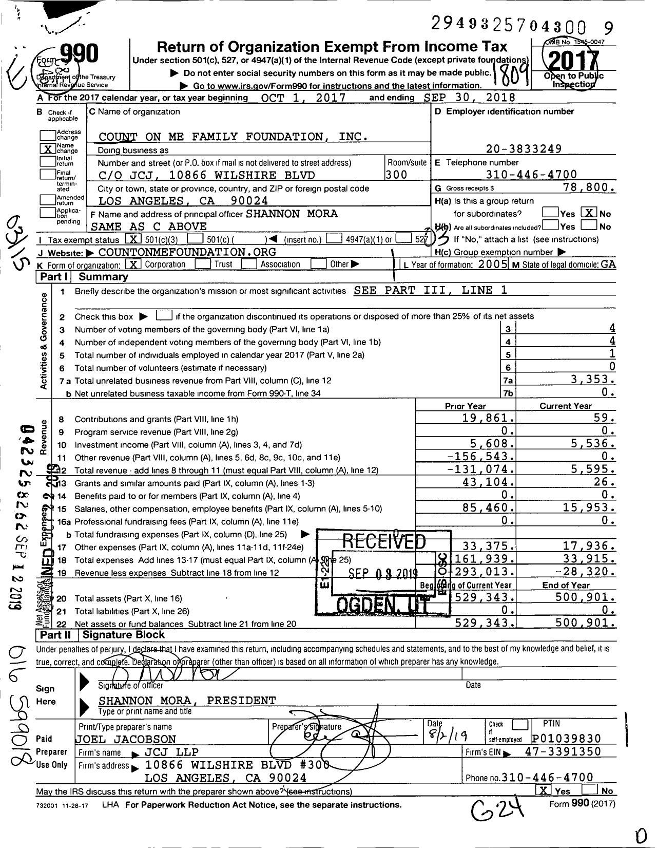 Image of first page of 2017 Form 990 for Count on Me Family Foundation