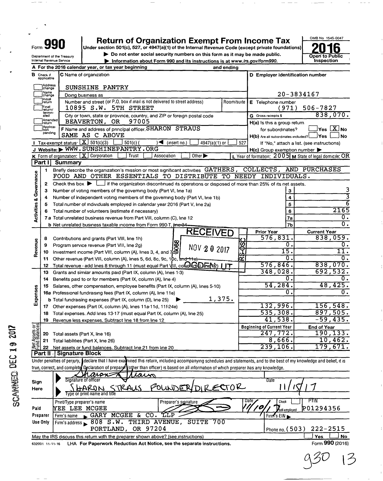 Image of first page of 2016 Form 990 for Sunshine Pantry