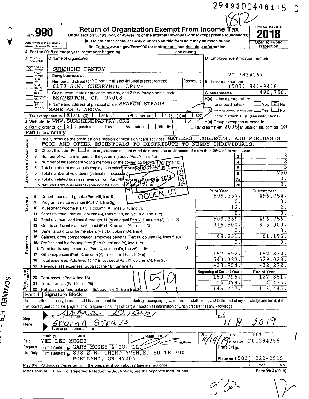 Image of first page of 2018 Form 990 for Sunshine Pantry
