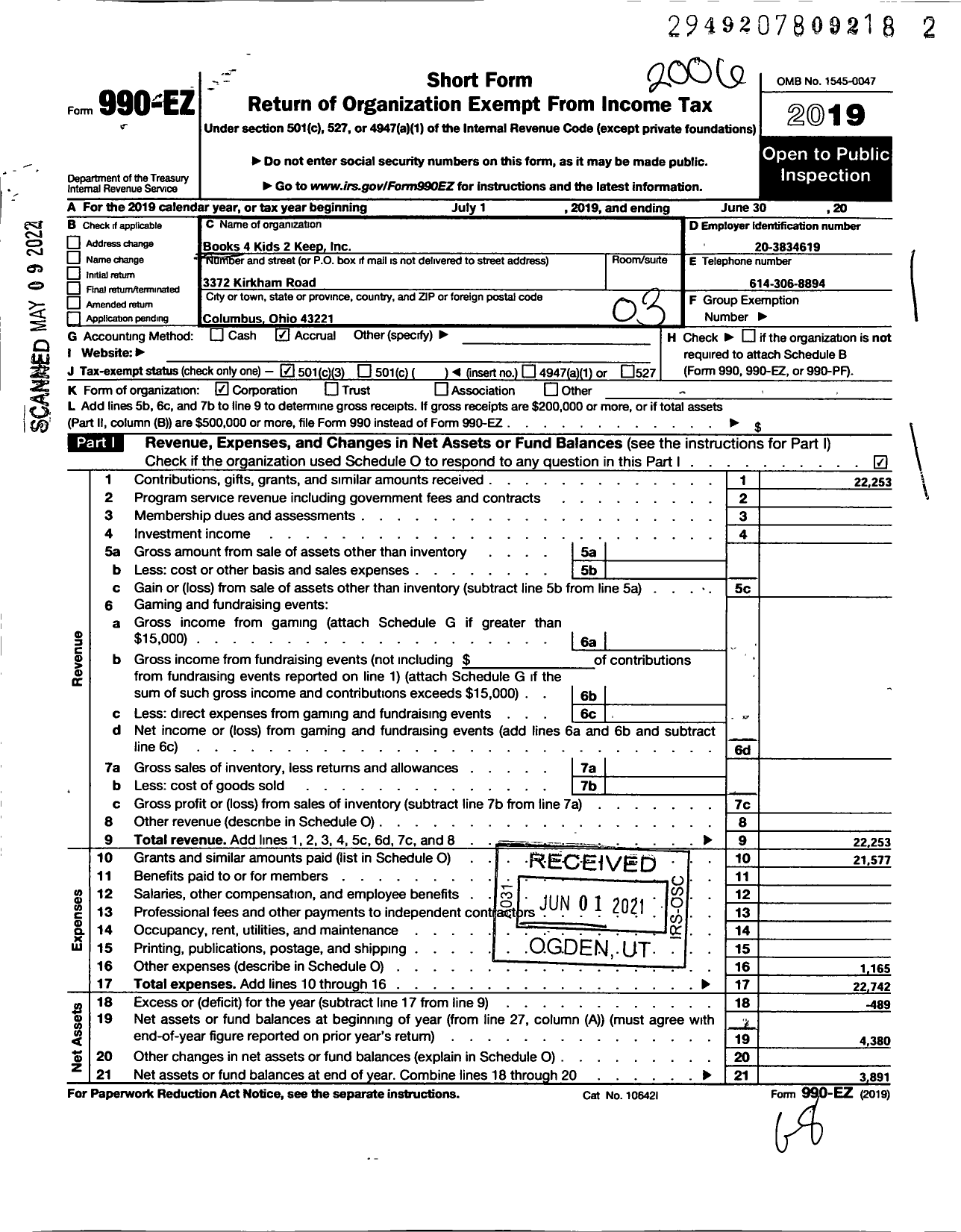 Image of first page of 2019 Form 990EZ for Books4kids2keep