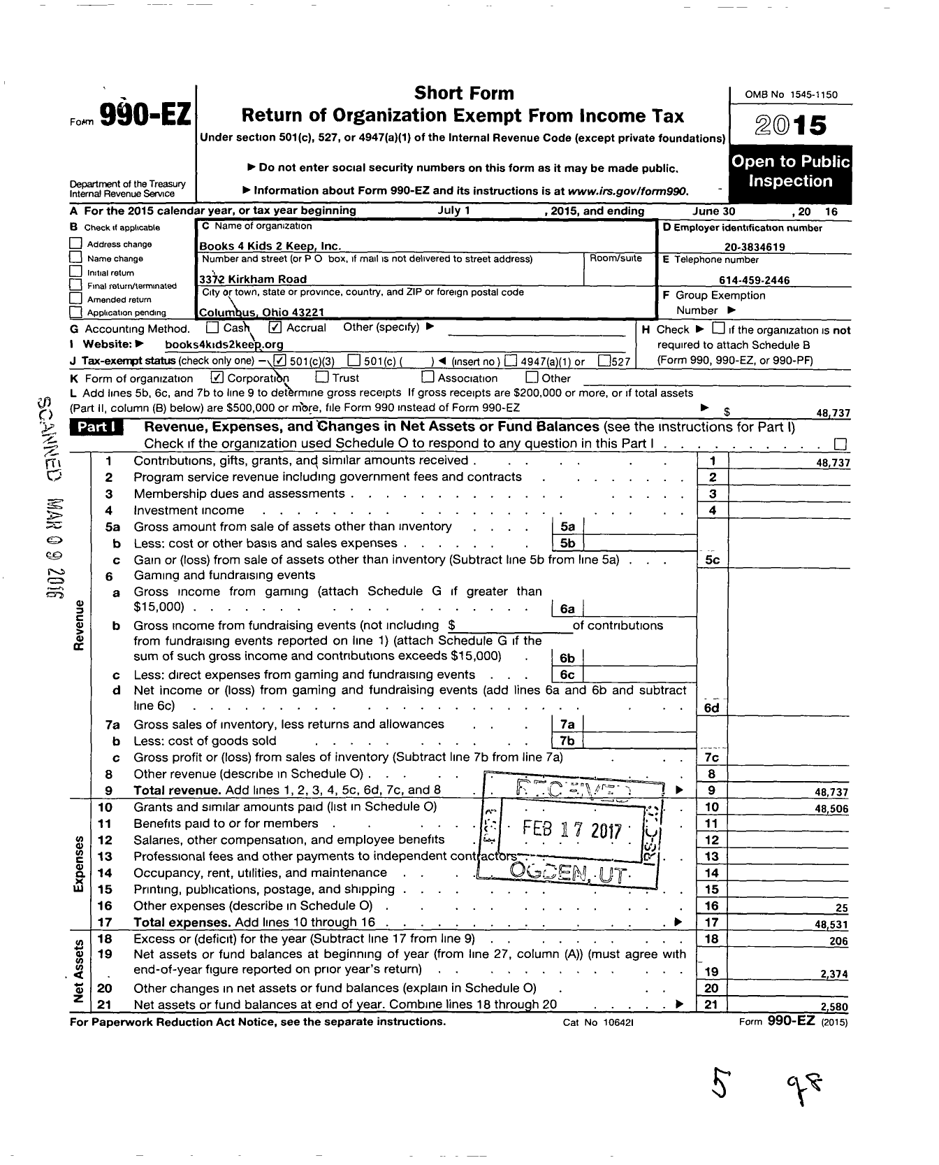 Image of first page of 2015 Form 990EZ for Books4kids2keep