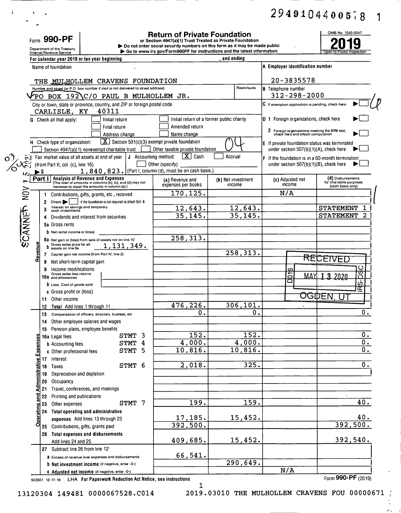 Image of first page of 2019 Form 990PF for The Mulhollem Cravens Foundation