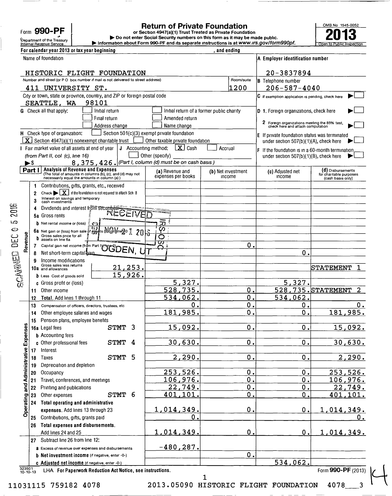 Image of first page of 2013 Form 990PF for Historic Flight Foundation