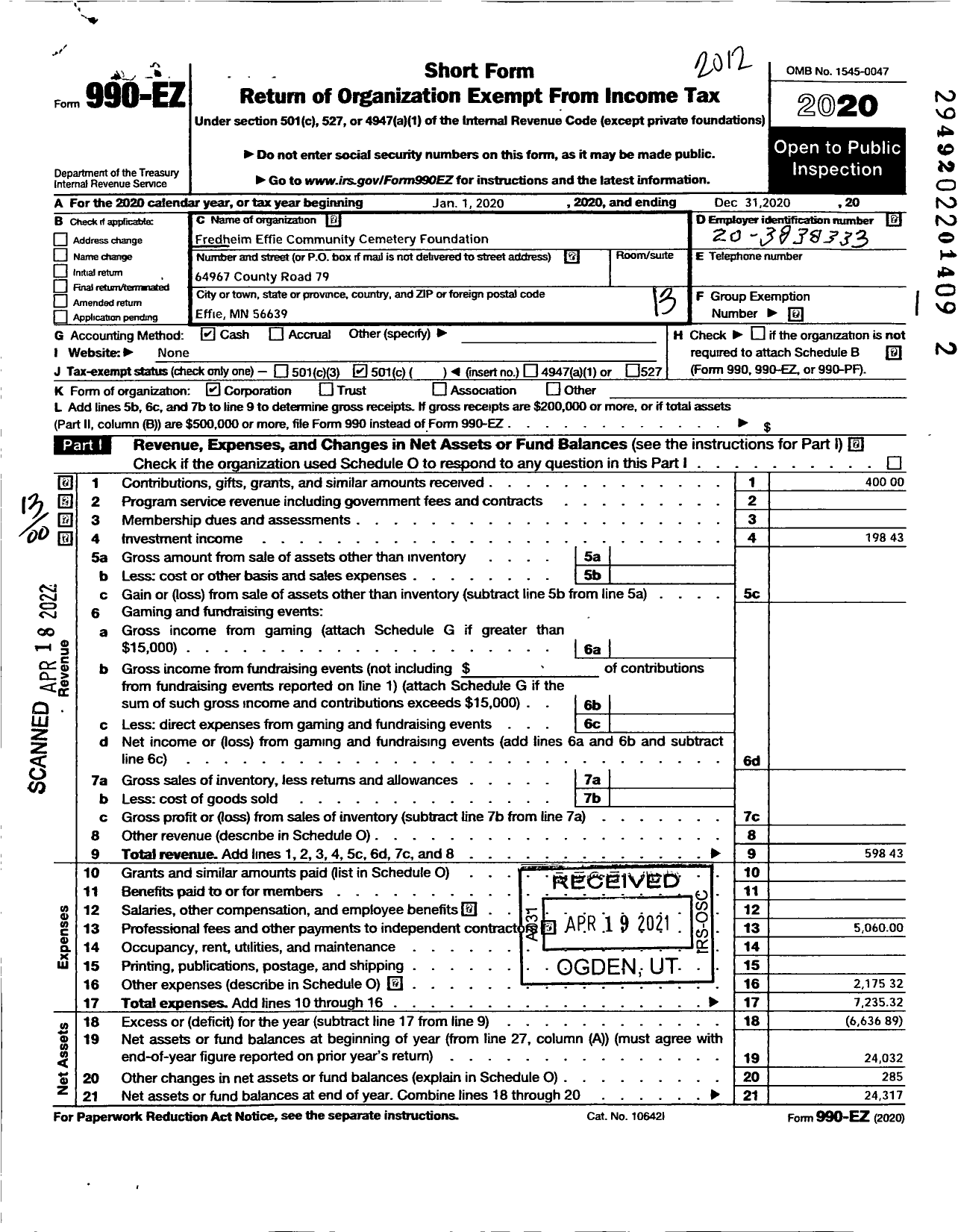 Image of first page of 2020 Form 990EO for Fredheim Effie Community Cemetery Foundation