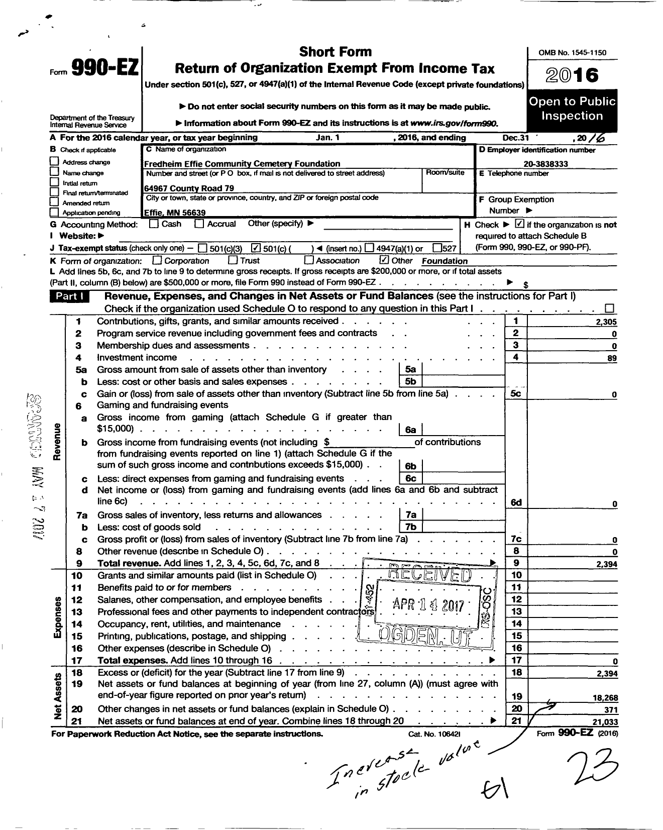 Image of first page of 2016 Form 990EO for Fredheim Effie Community Cemetery Foundation