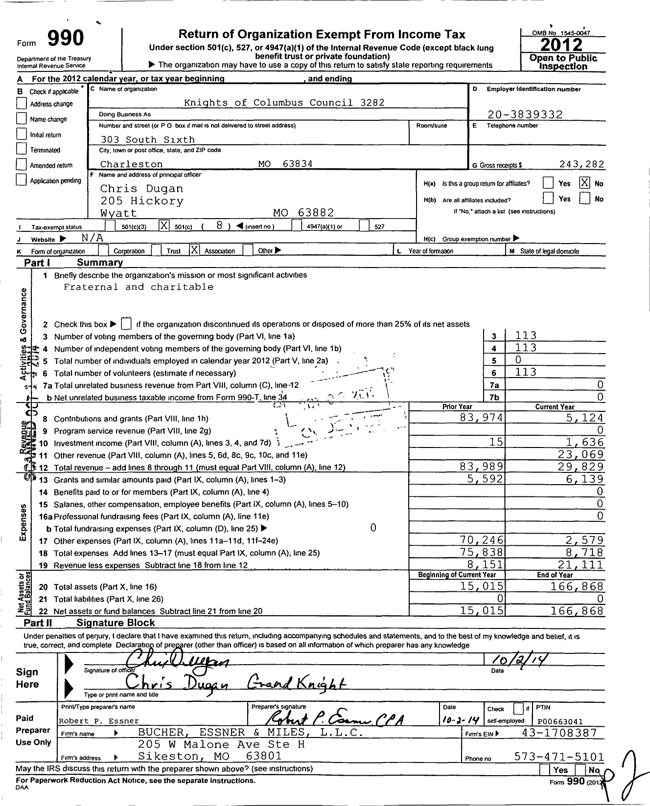 Image of first page of 2012 Form 990O for Knights of Columbus - 3282 Columbus Council