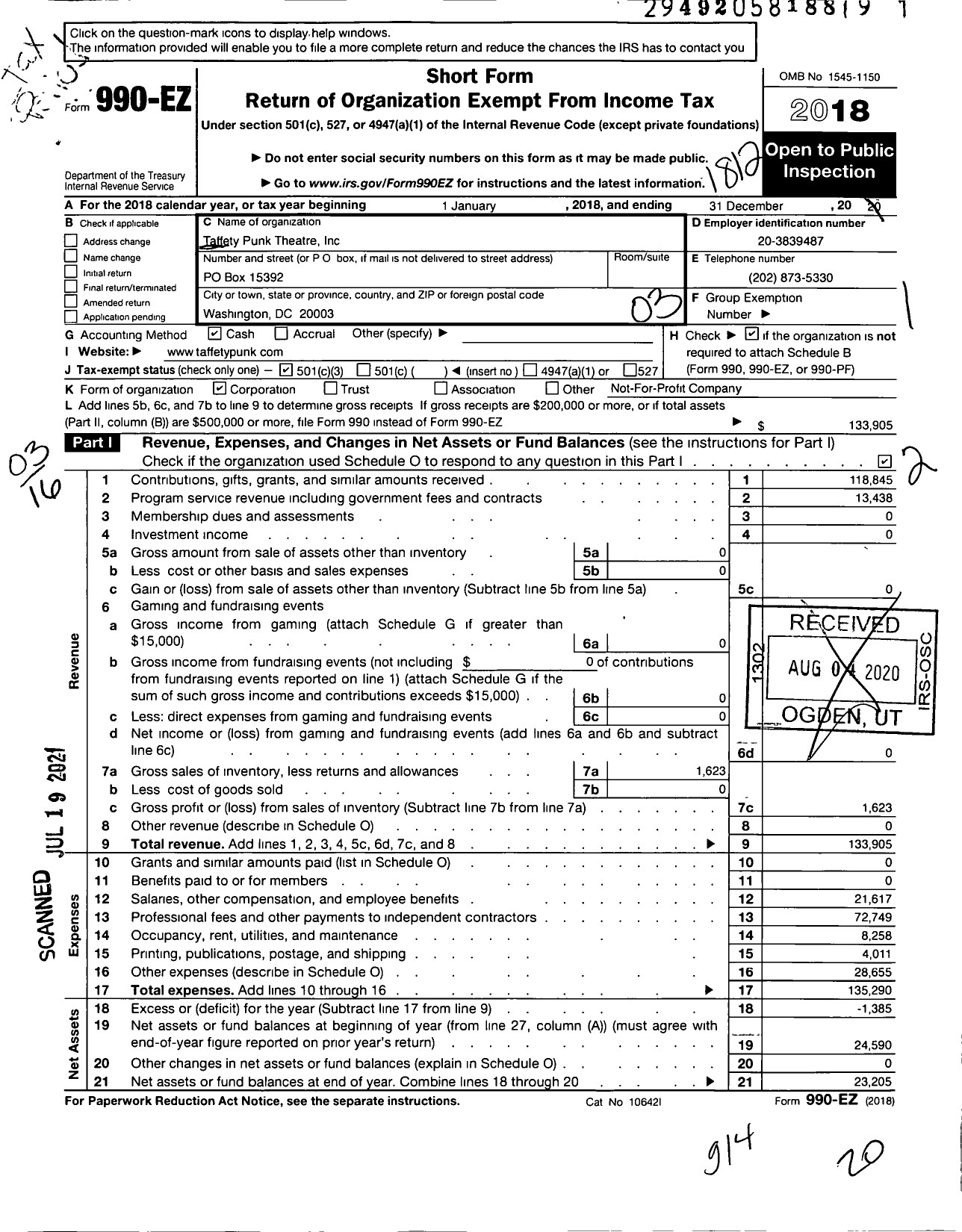 Image of first page of 2018 Form 990EZ for Taffety Punk Theatre