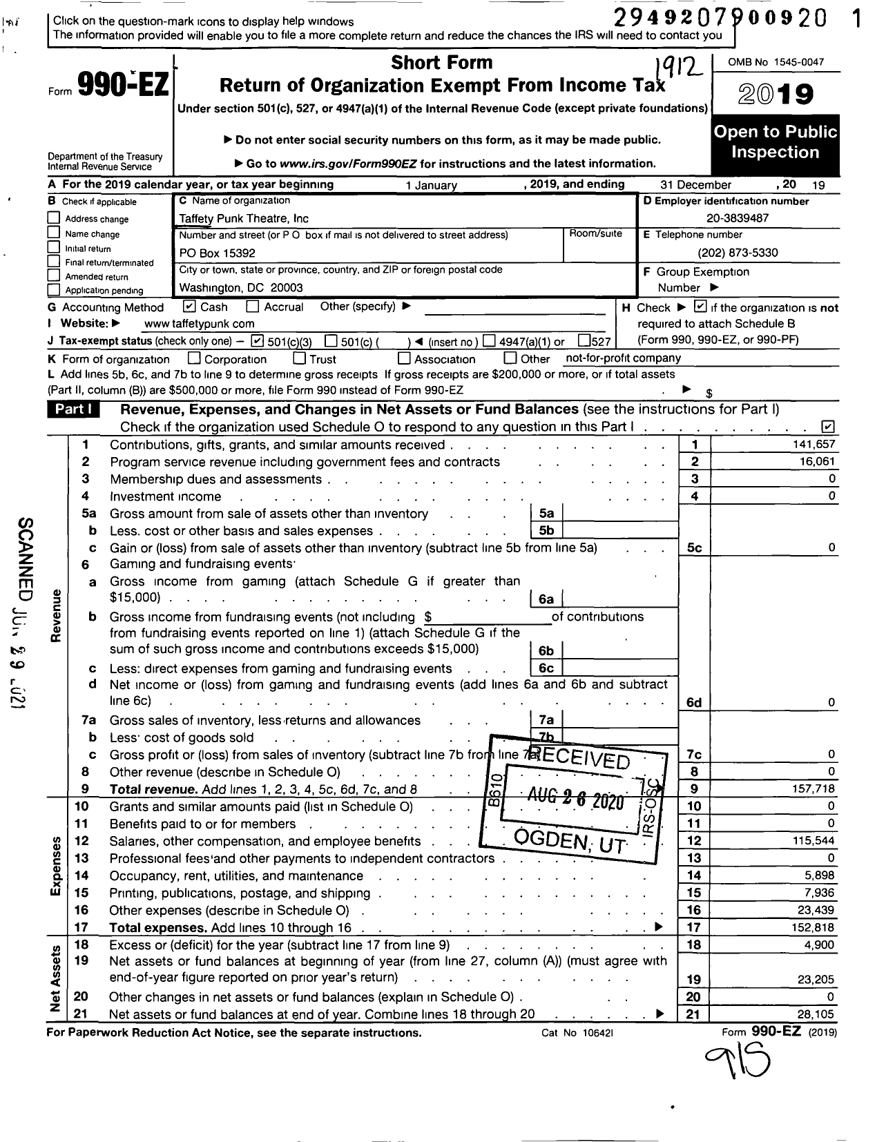 Image of first page of 2019 Form 990EZ for Taffety Punk Theatre