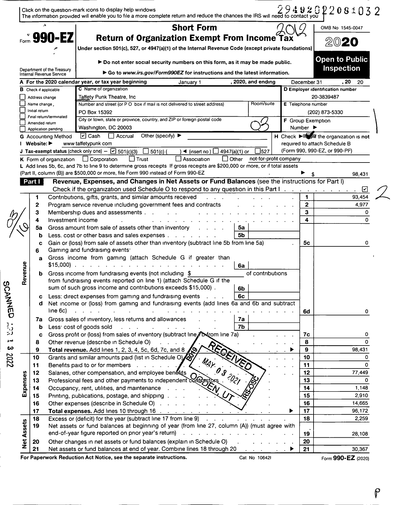 Image of first page of 2020 Form 990EZ for Taffety Punk Theatre