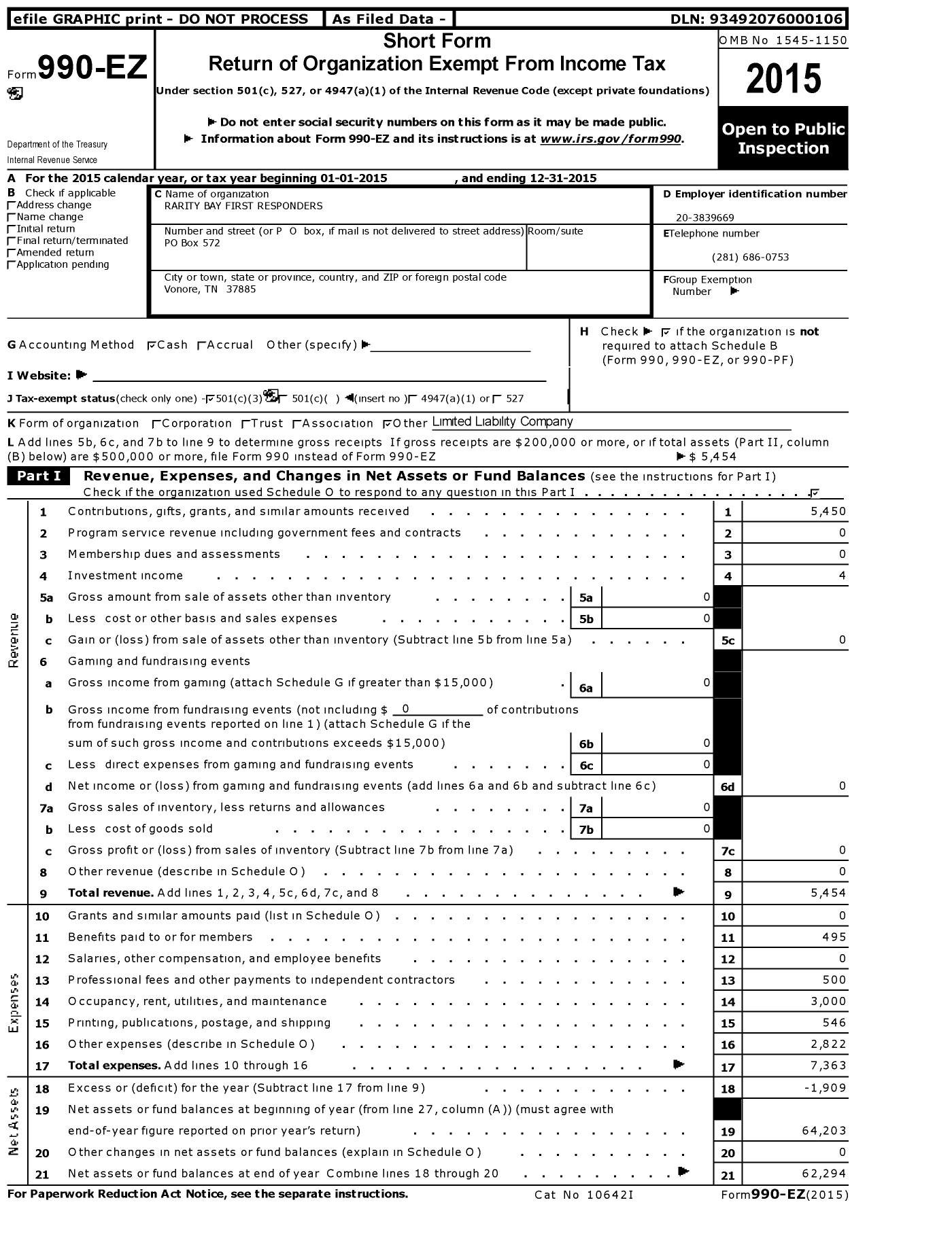 Image of first page of 2015 Form 990EZ for Rarity Bay First Responders