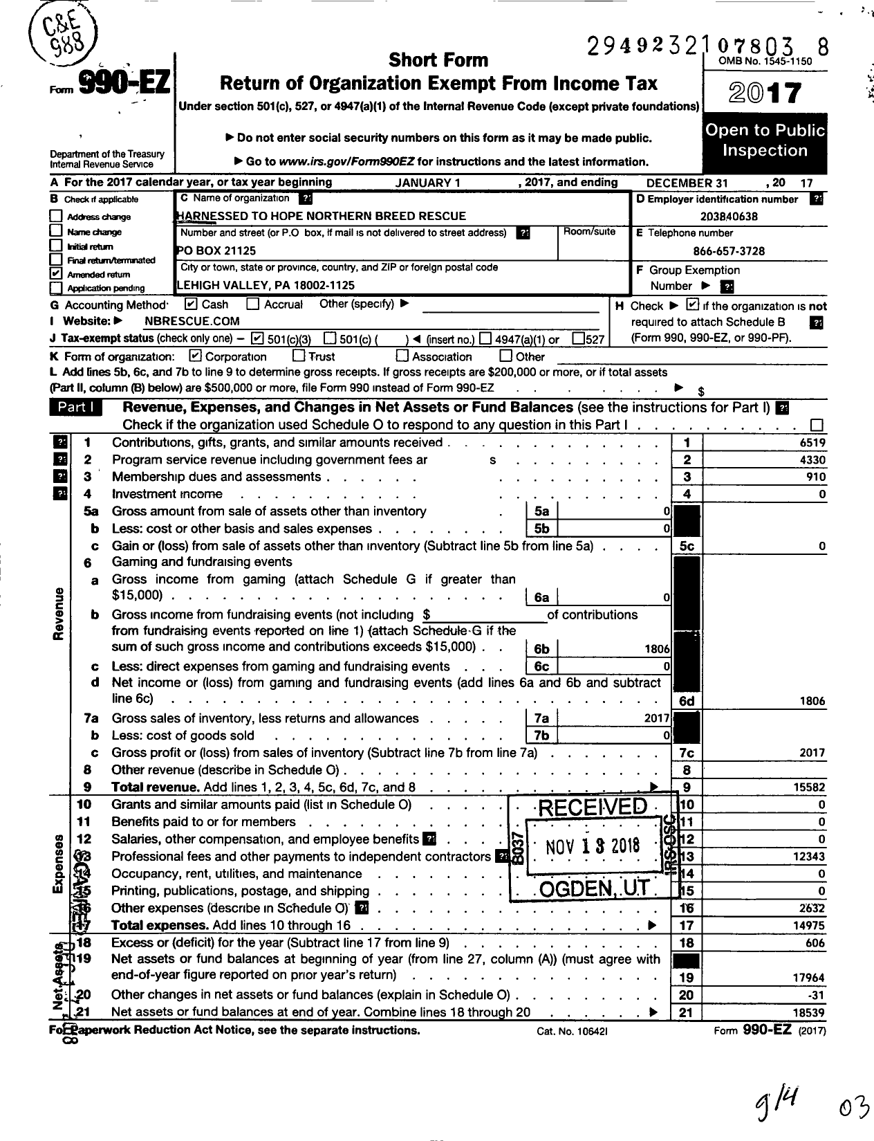 Image of first page of 2017 Form 990EZ for Harnessed To Hope Northern Breed Rescue