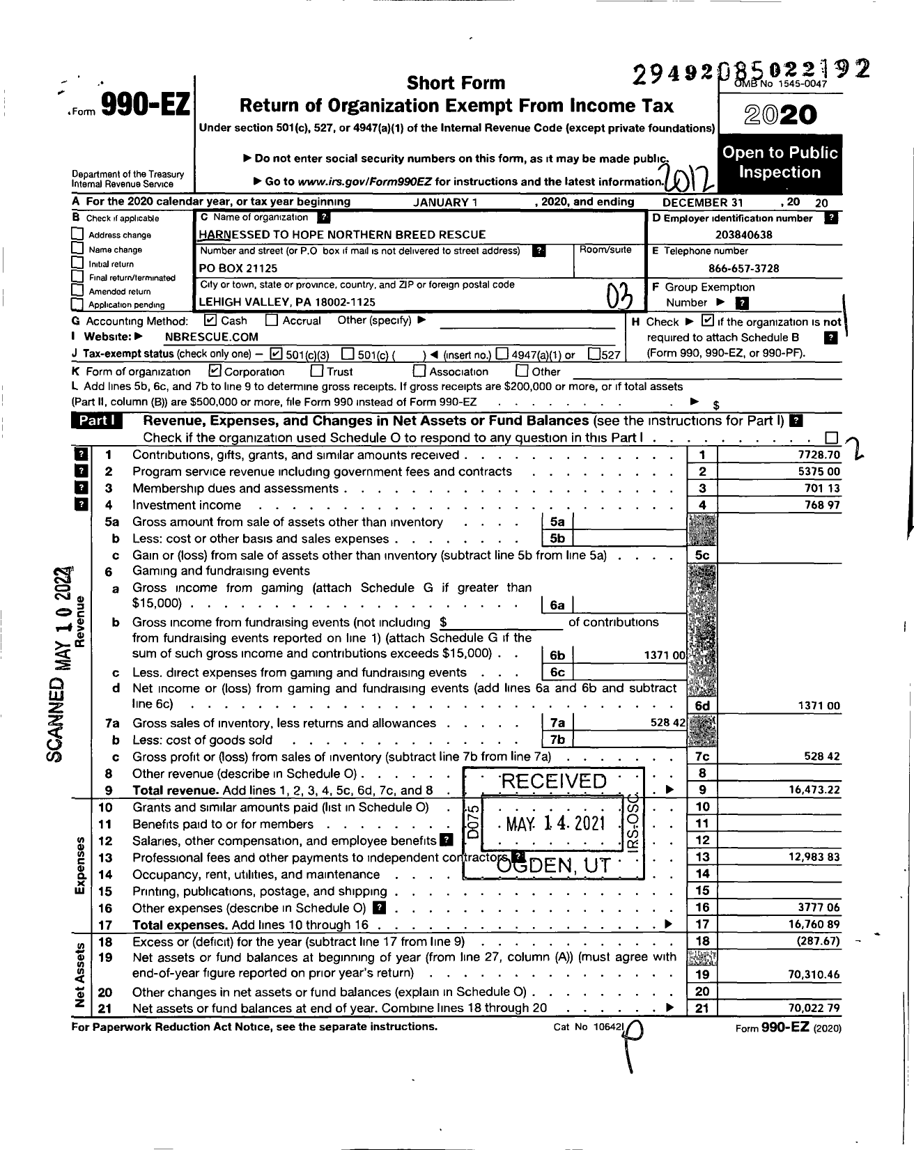 Image of first page of 2020 Form 990EZ for Harnessed To Hope Northern Breed Rescue