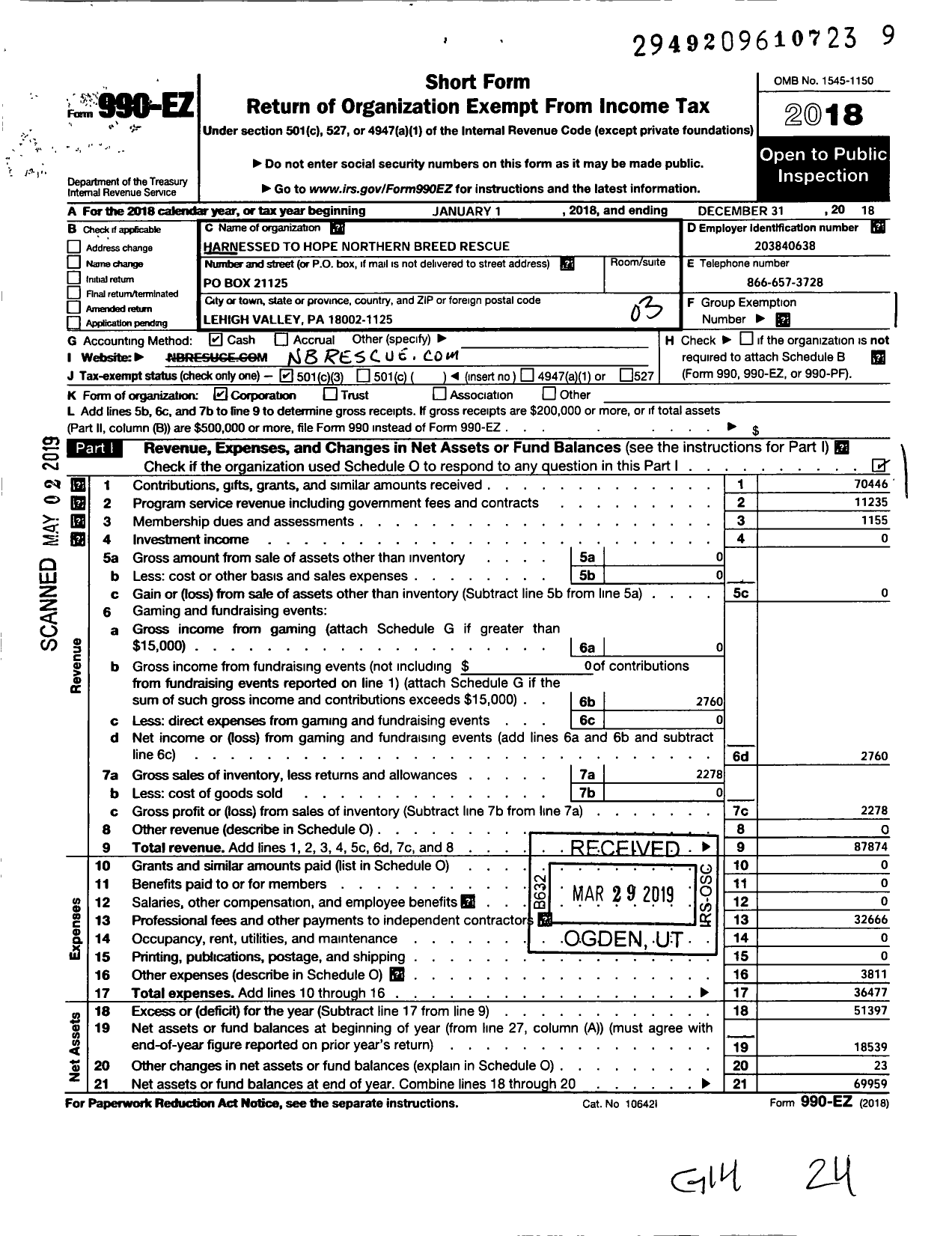 Image of first page of 2018 Form 990EZ for Harnessed To Hope Northern Breed Rescue