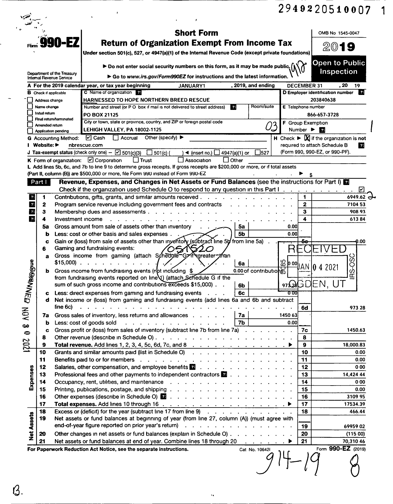 Image of first page of 2019 Form 990EZ for Harnessed To Hope Northern Breed Rescue