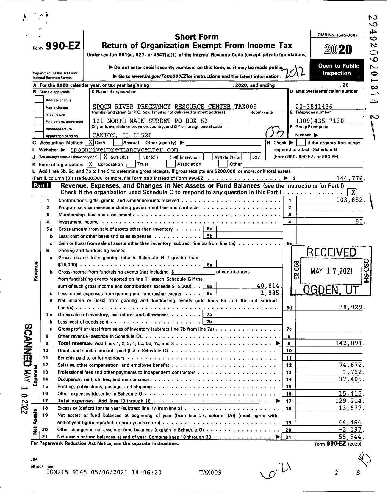 Image of first page of 2020 Form 990EZ for Spoon River Pregnancy Resource Ctr