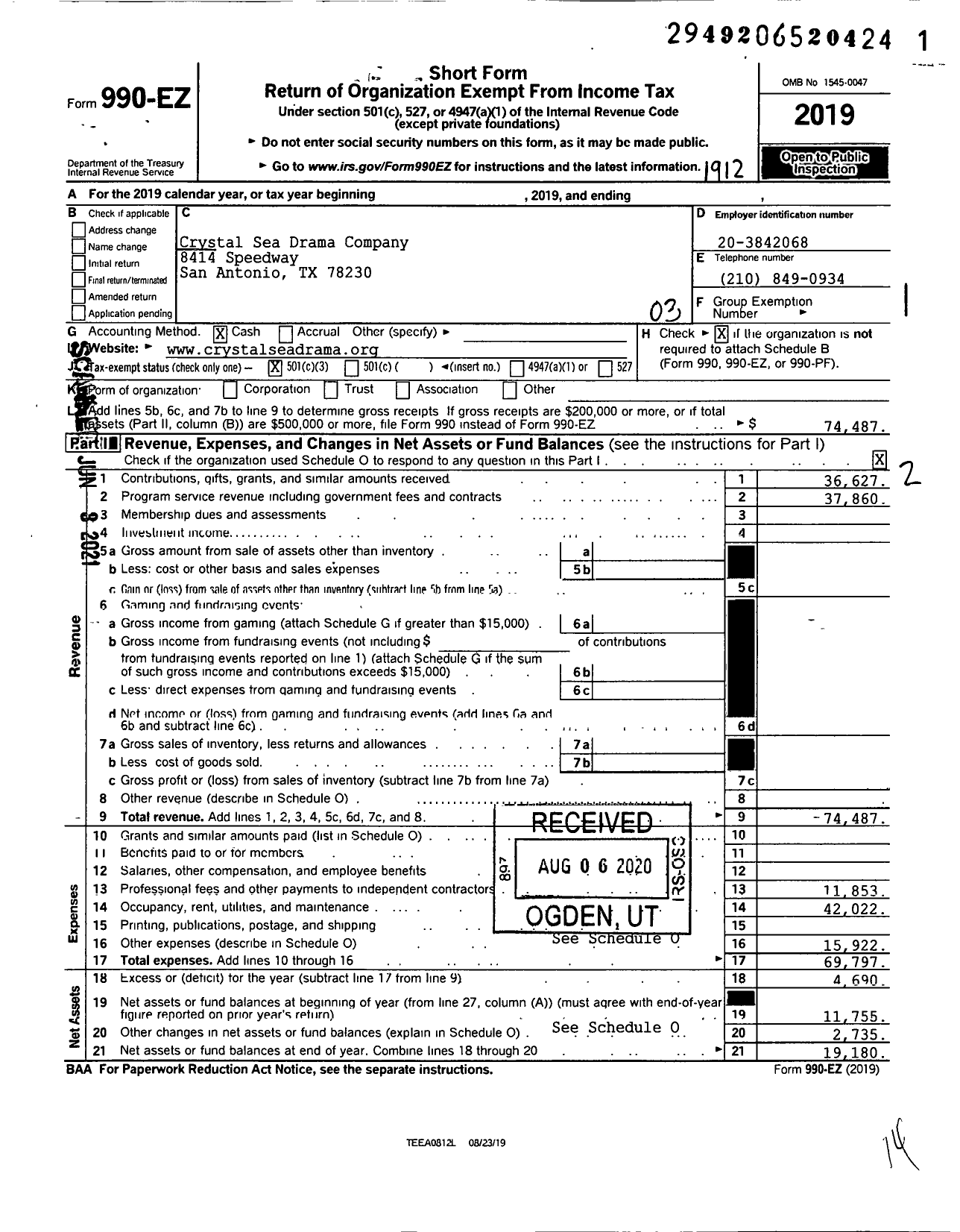 Image of first page of 2019 Form 990EZ for Crystal Sea Drama Compnay