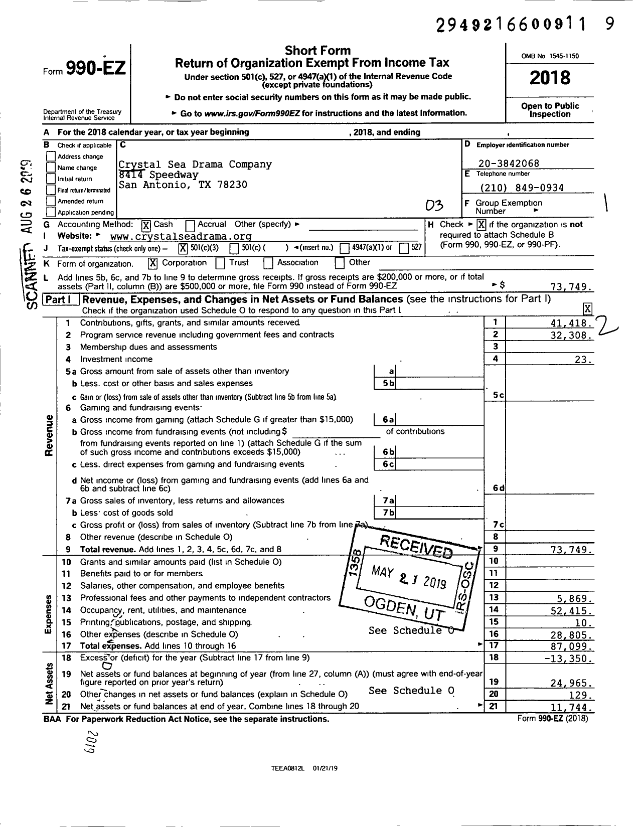 Image of first page of 2018 Form 990EZ for Crystal Sea Drama Compnay