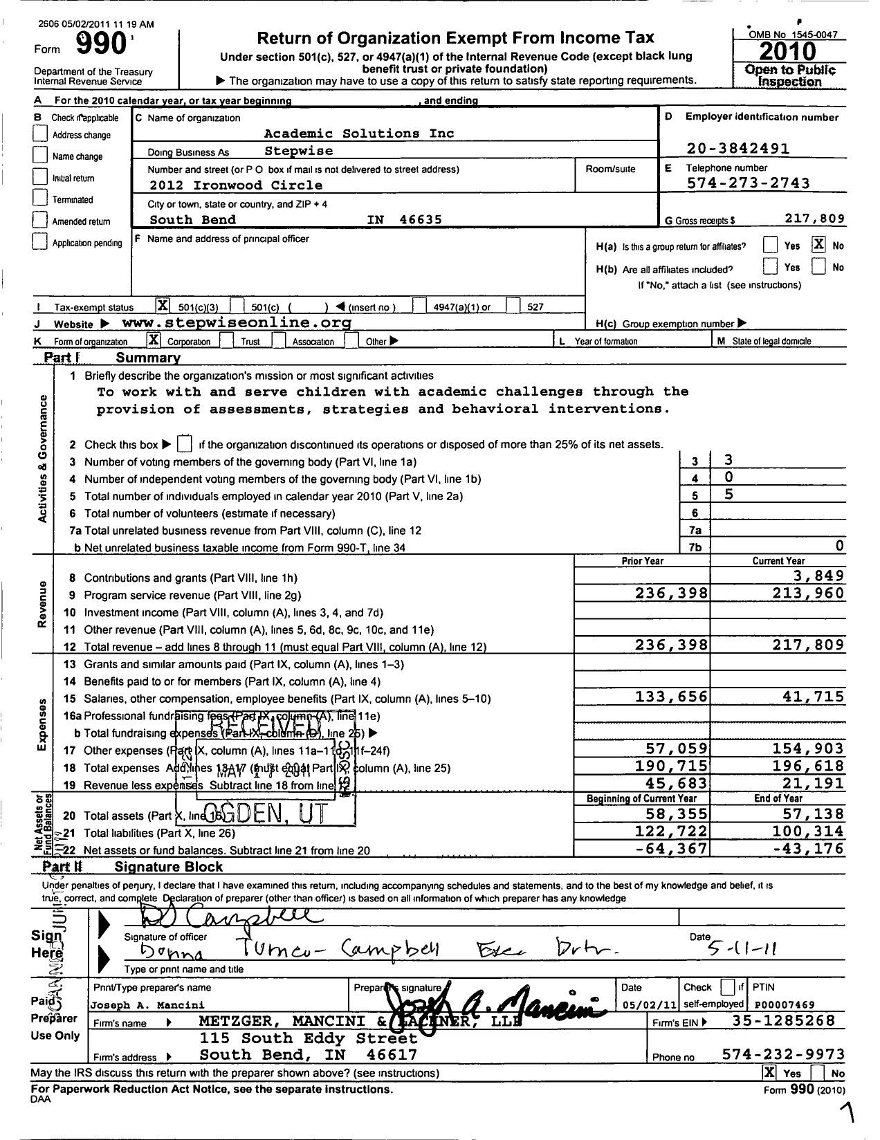 Image of first page of 2010 Form 990 for Stepwise