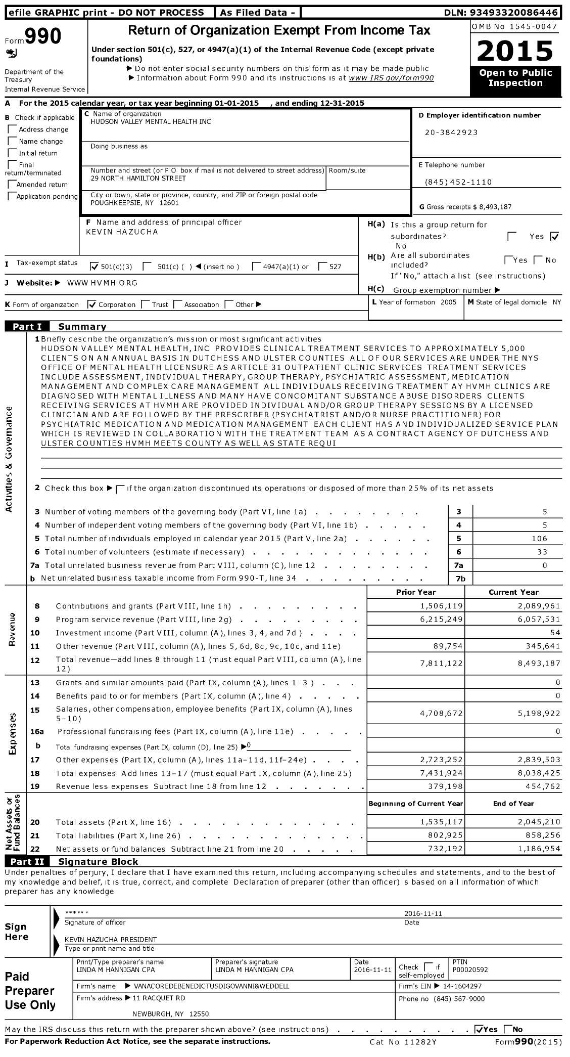 Image of first page of 2015 Form 990 for Family Services, Inc. (HVMH)