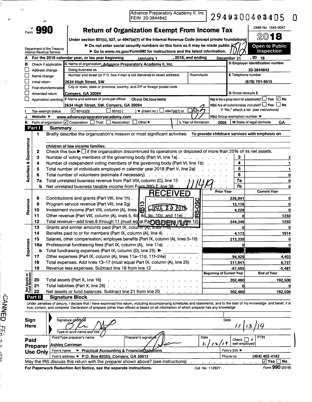 Image of first page of 2018 Form 990 for Advance Preparatory Academy Ii