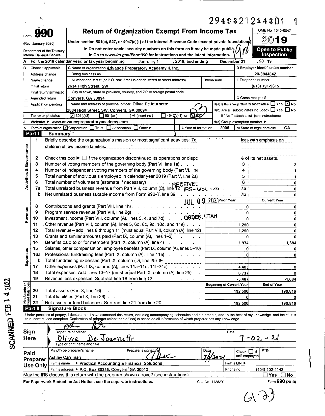 Image of first page of 2019 Form 990 for Advance Preparatory Academy Ii