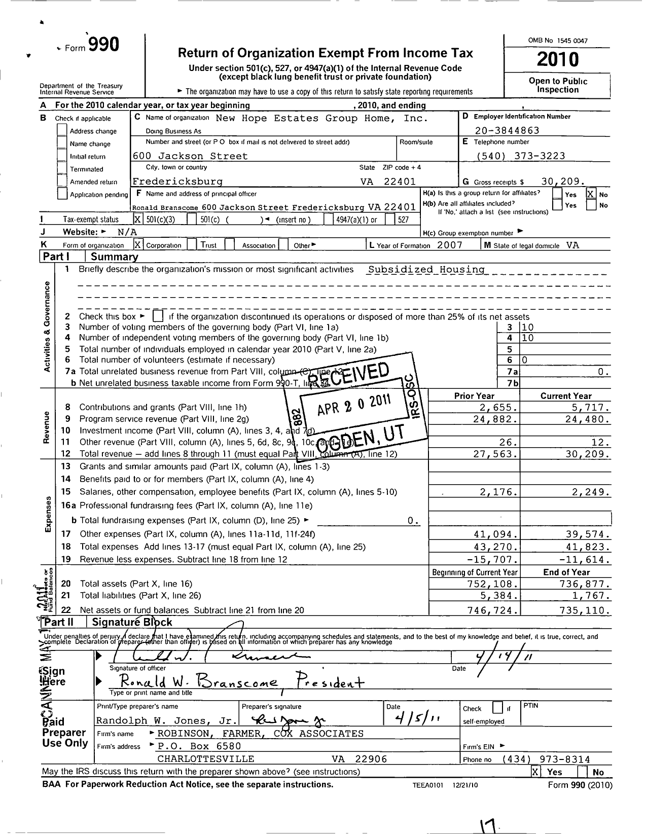 Image of first page of 2010 Form 990 for New Hope Estates Group Home