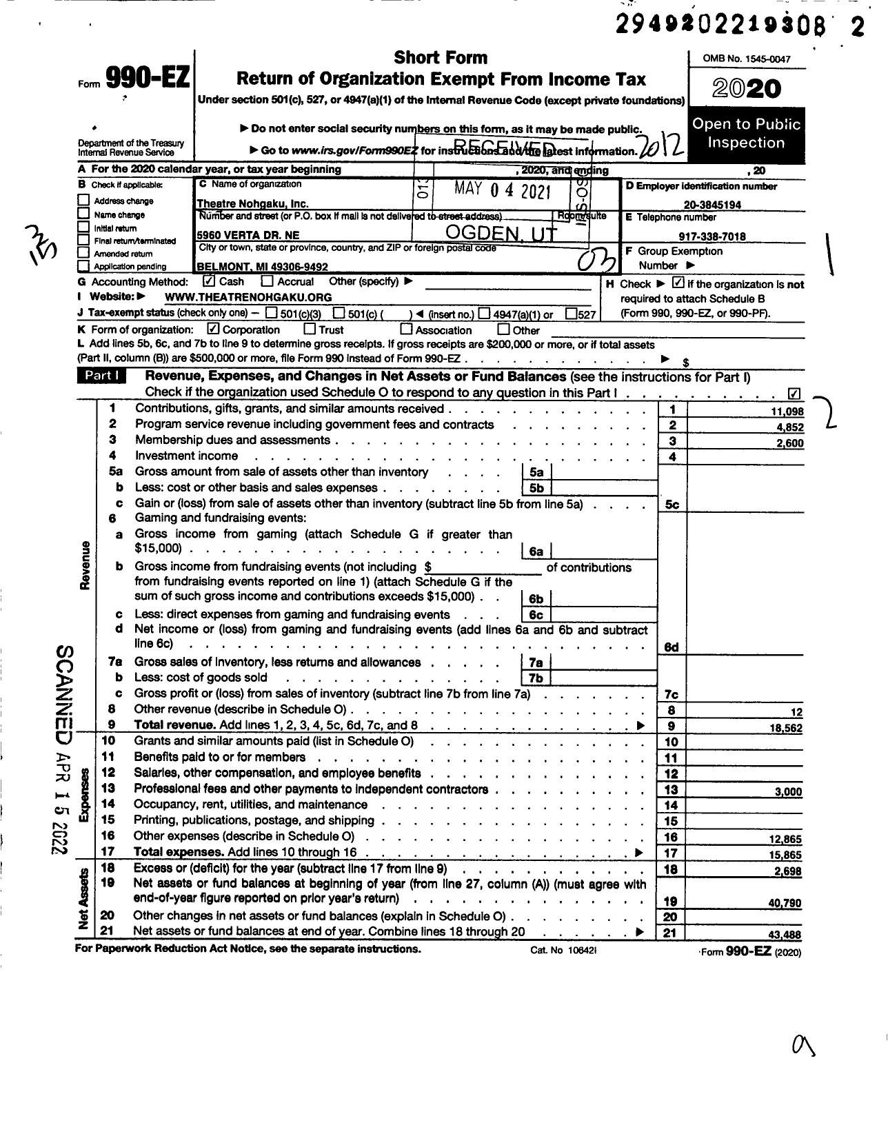 Image of first page of 2020 Form 990EZ for Theatre Nohgaku