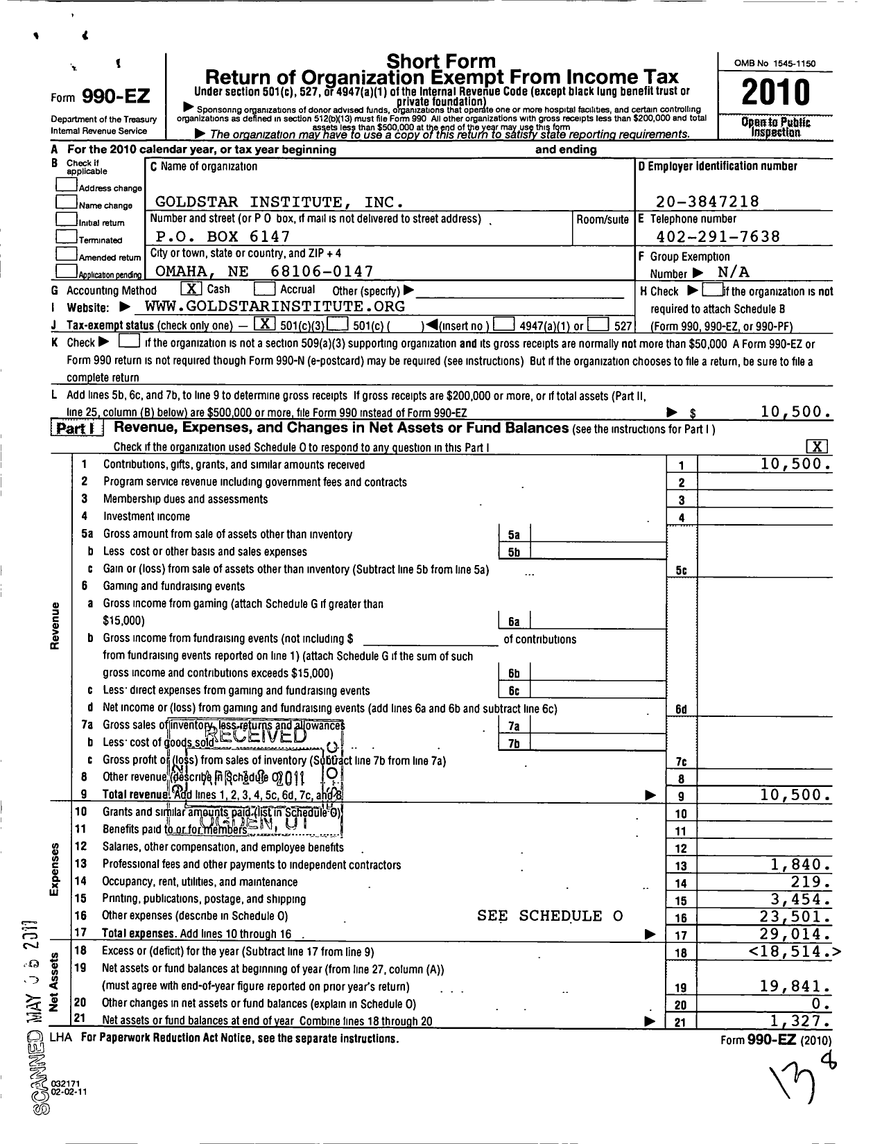 Image of first page of 2010 Form 990EZ for Goldstar Institute