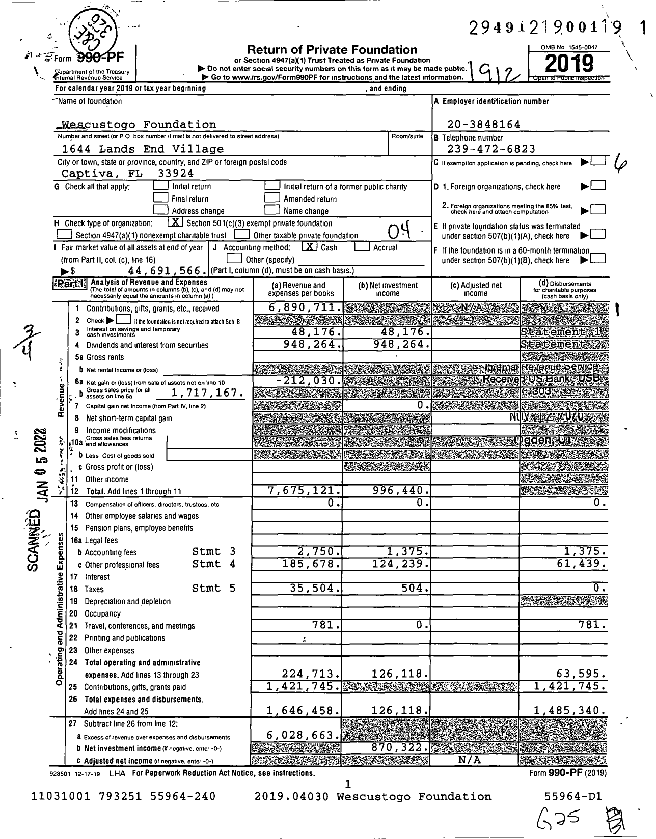Image of first page of 2019 Form 990PF for Wescustogo Foundation