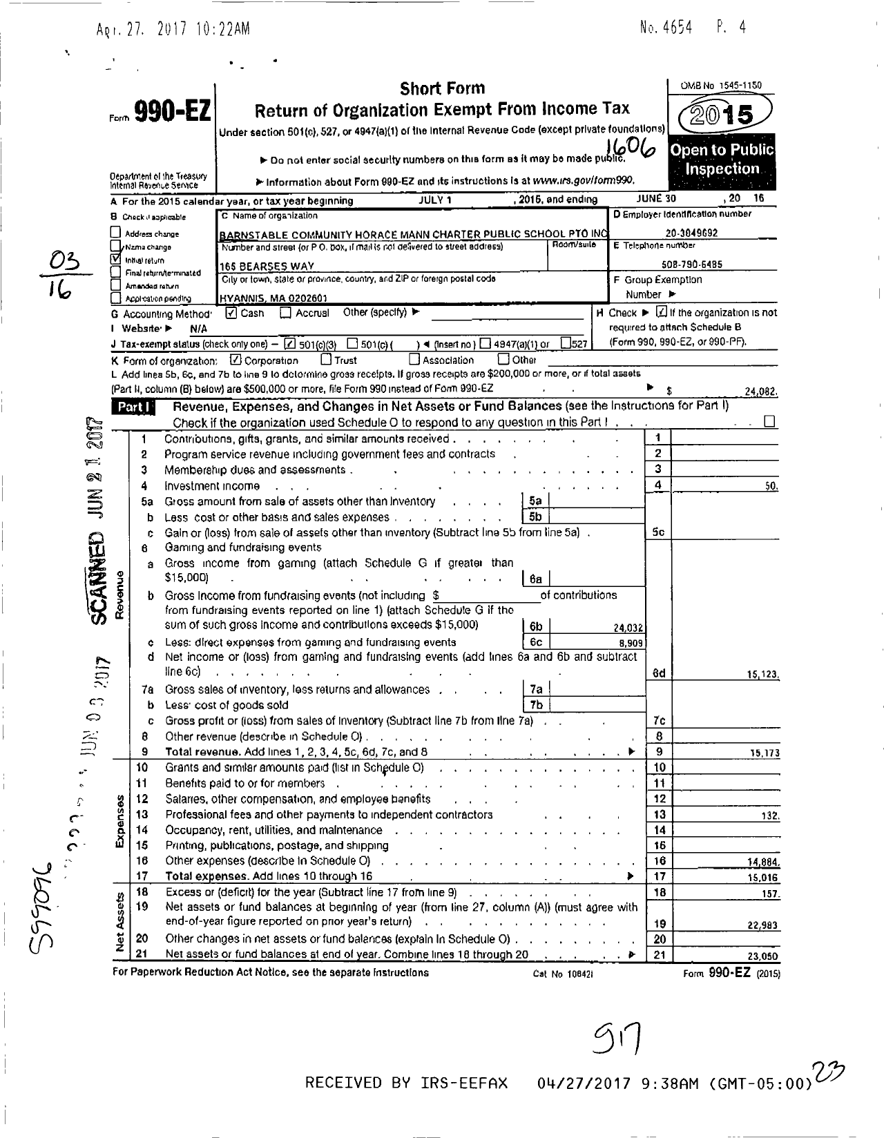 Image of first page of 2015 Form 990EZ for Barnstable Community Horace Mann Charter Public School PTO