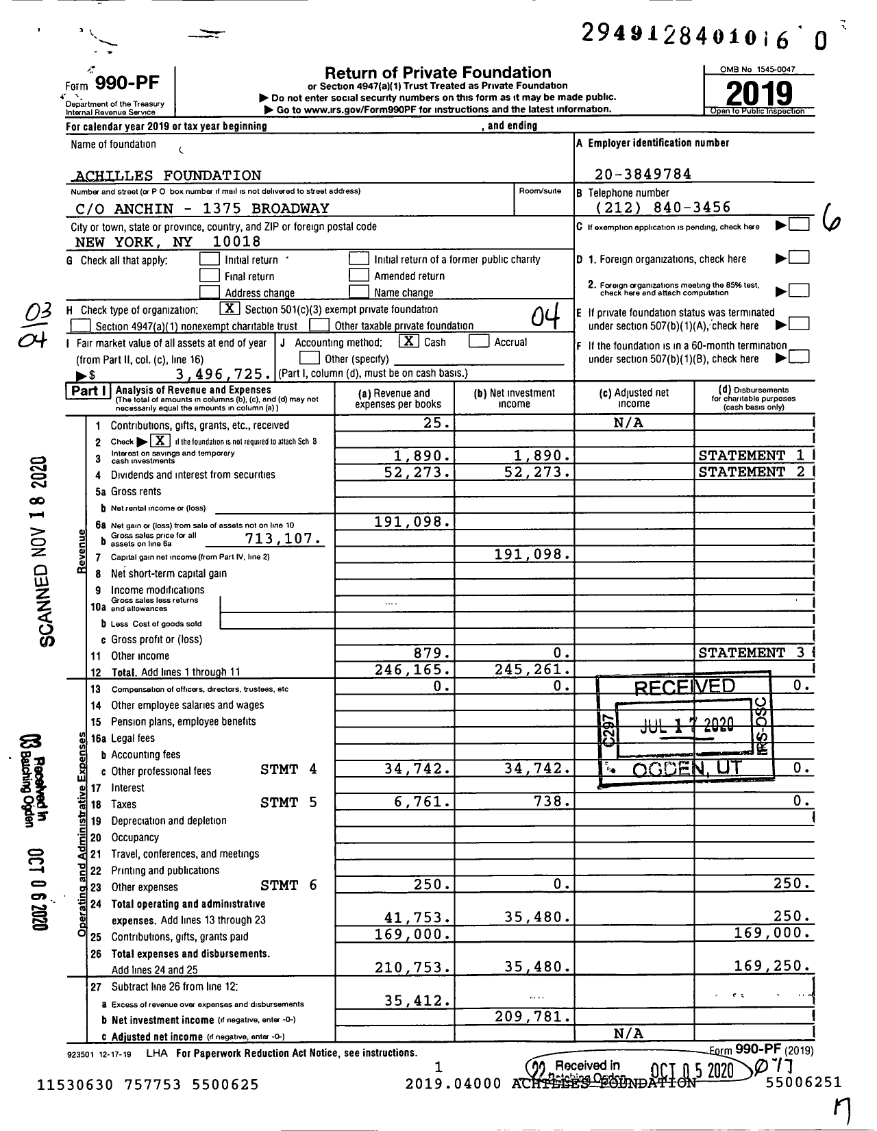 Image of first page of 2019 Form 990PF for Achilles Foundation