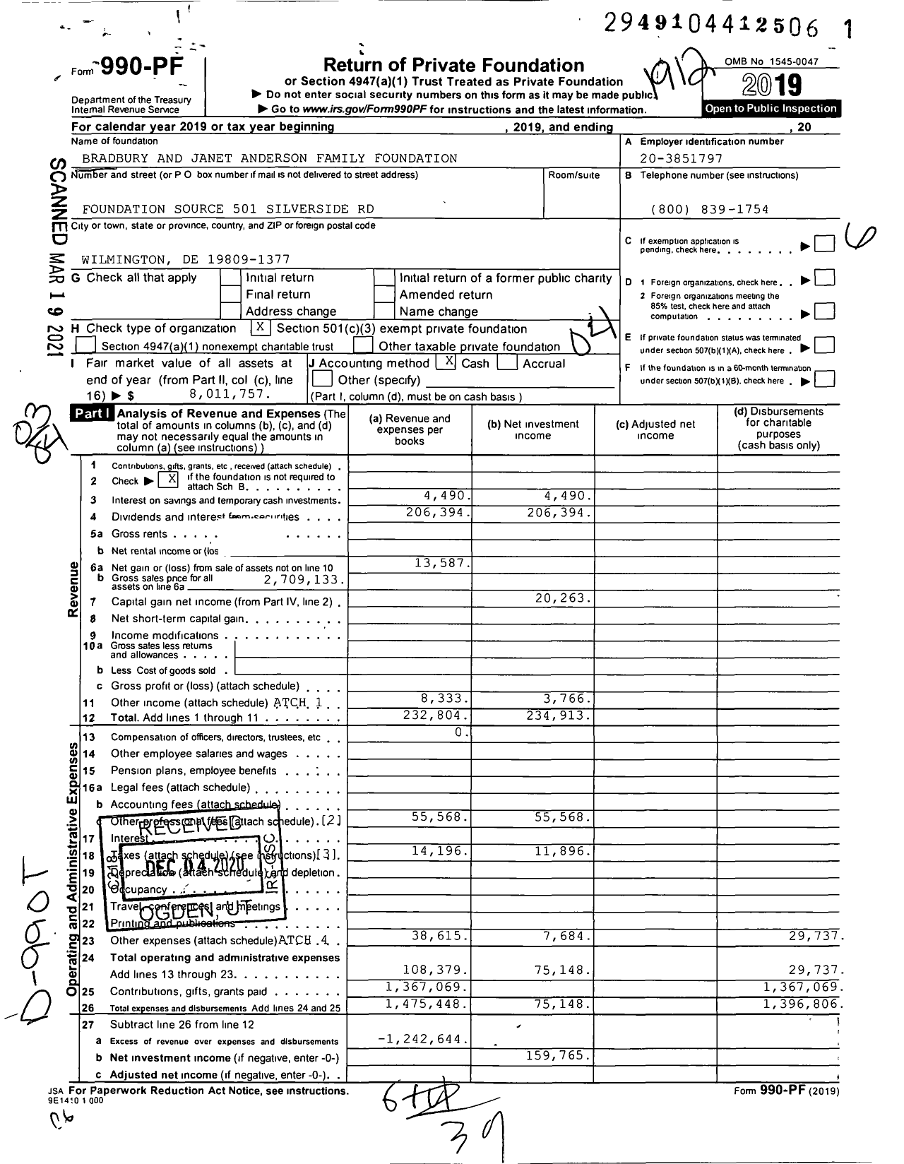 Image of first page of 2019 Form 990PF for Bradbury and Janet Anderson Family Foundation