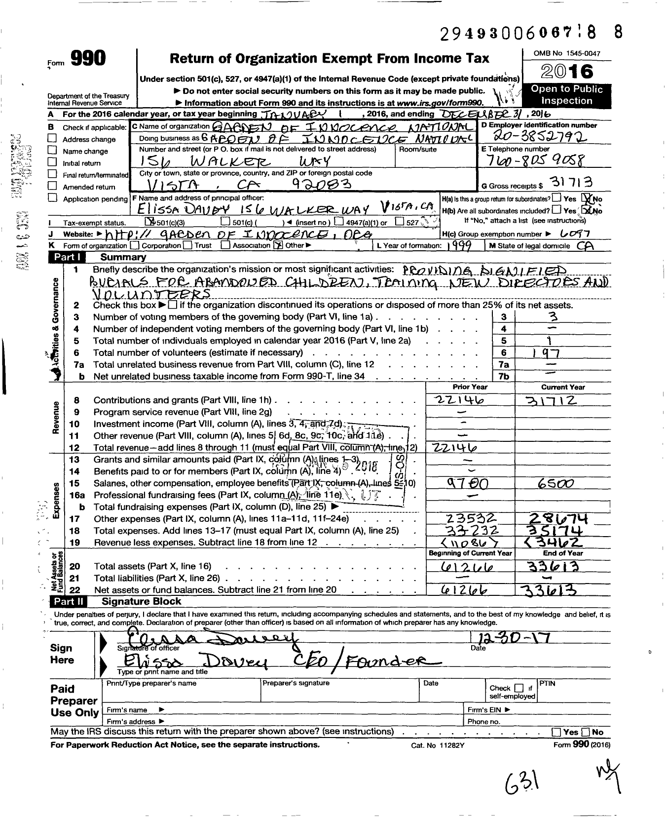 Image of first page of 2016 Form 990 for Garden of Innocence National