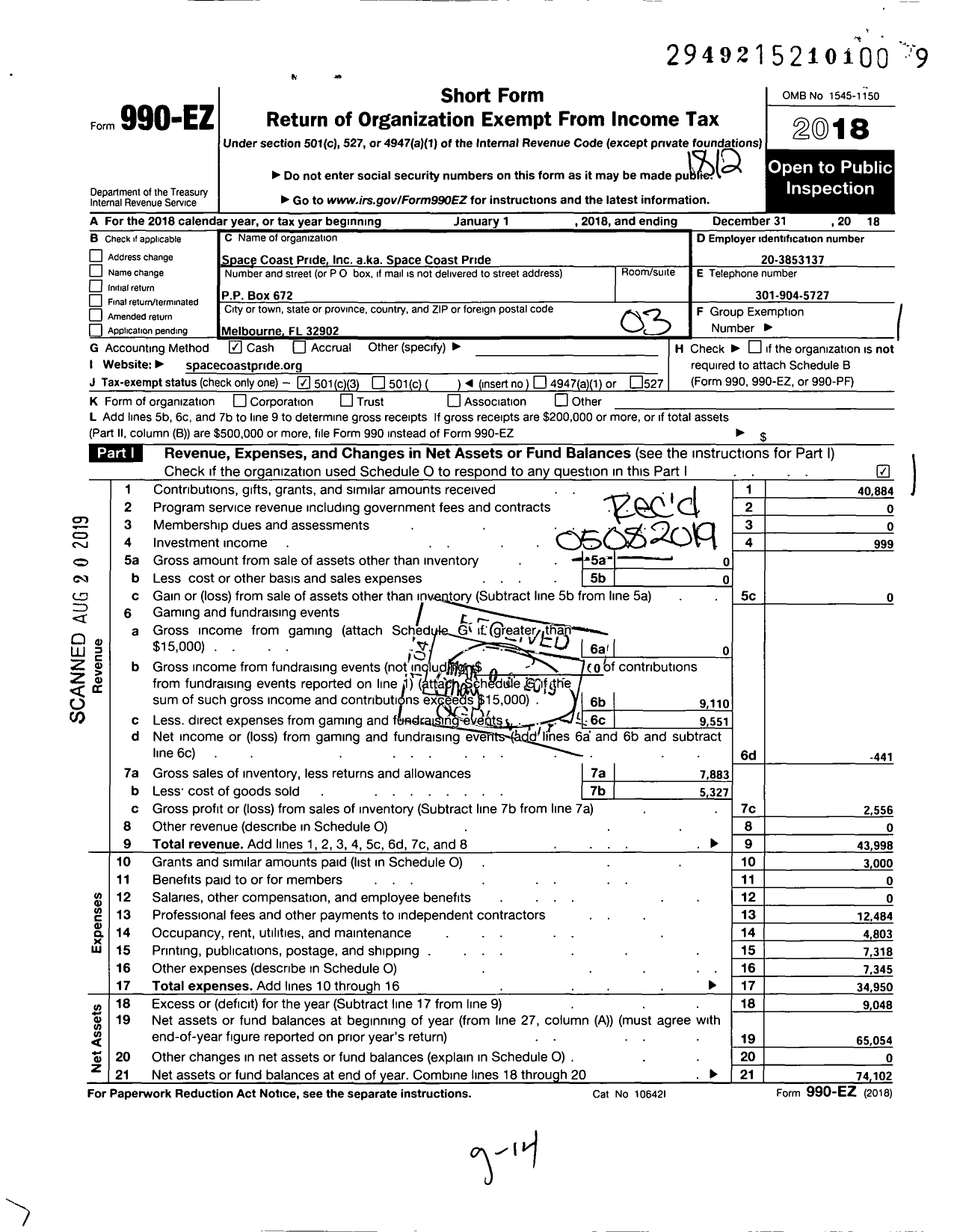 Image of first page of 2018 Form 990EZ for Space Coast Pride