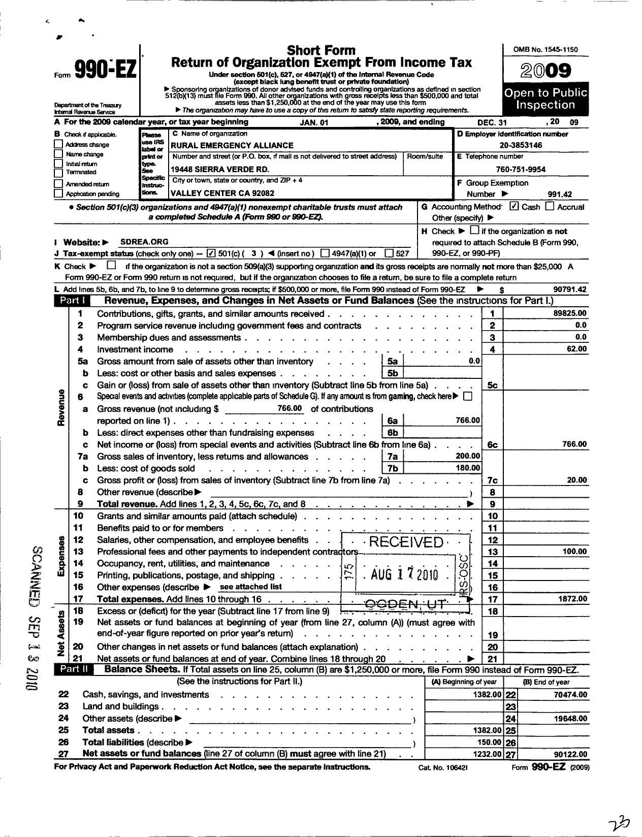 Image of first page of 2009 Form 990EZ for Rural Emergency Alliance