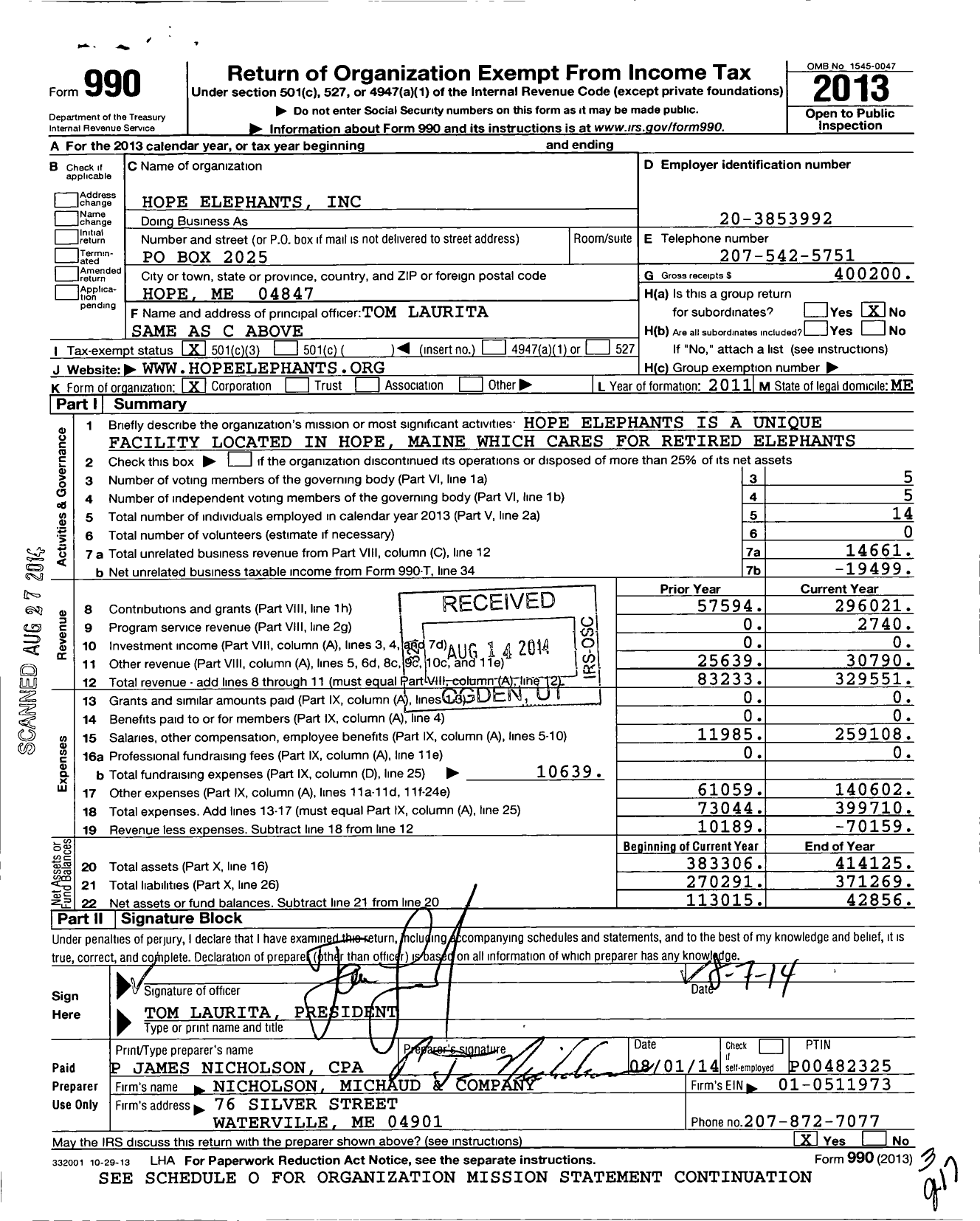 Image of first page of 2013 Form 990 for Hope Elephants