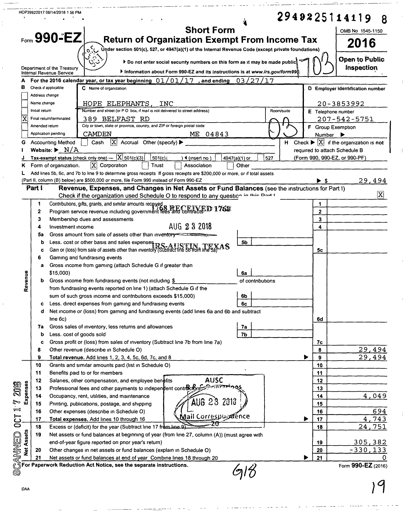 Image of first page of 2016 Form 990EZ for Hope Elephants