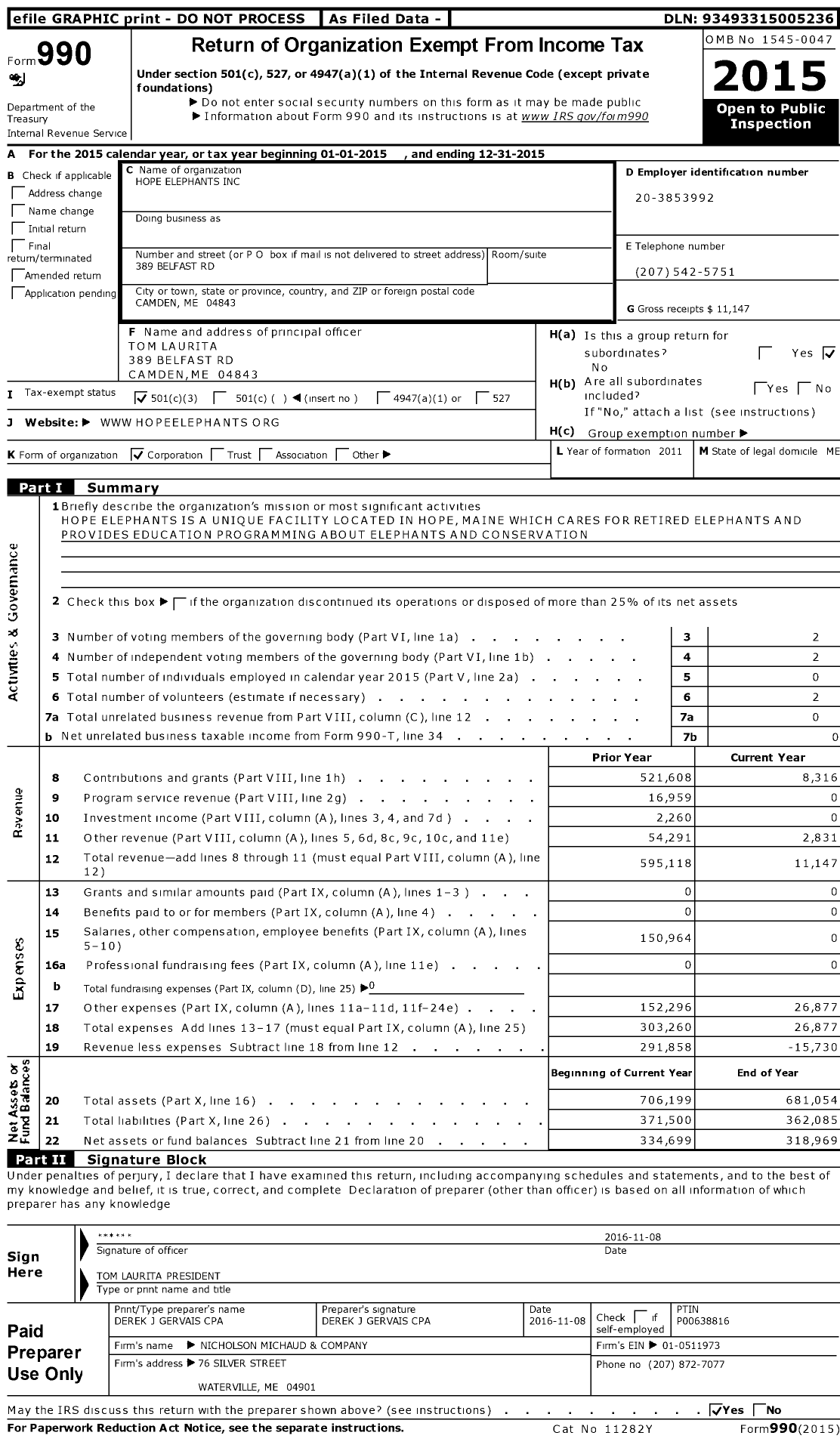 Image of first page of 2015 Form 990 for Hope Elephants