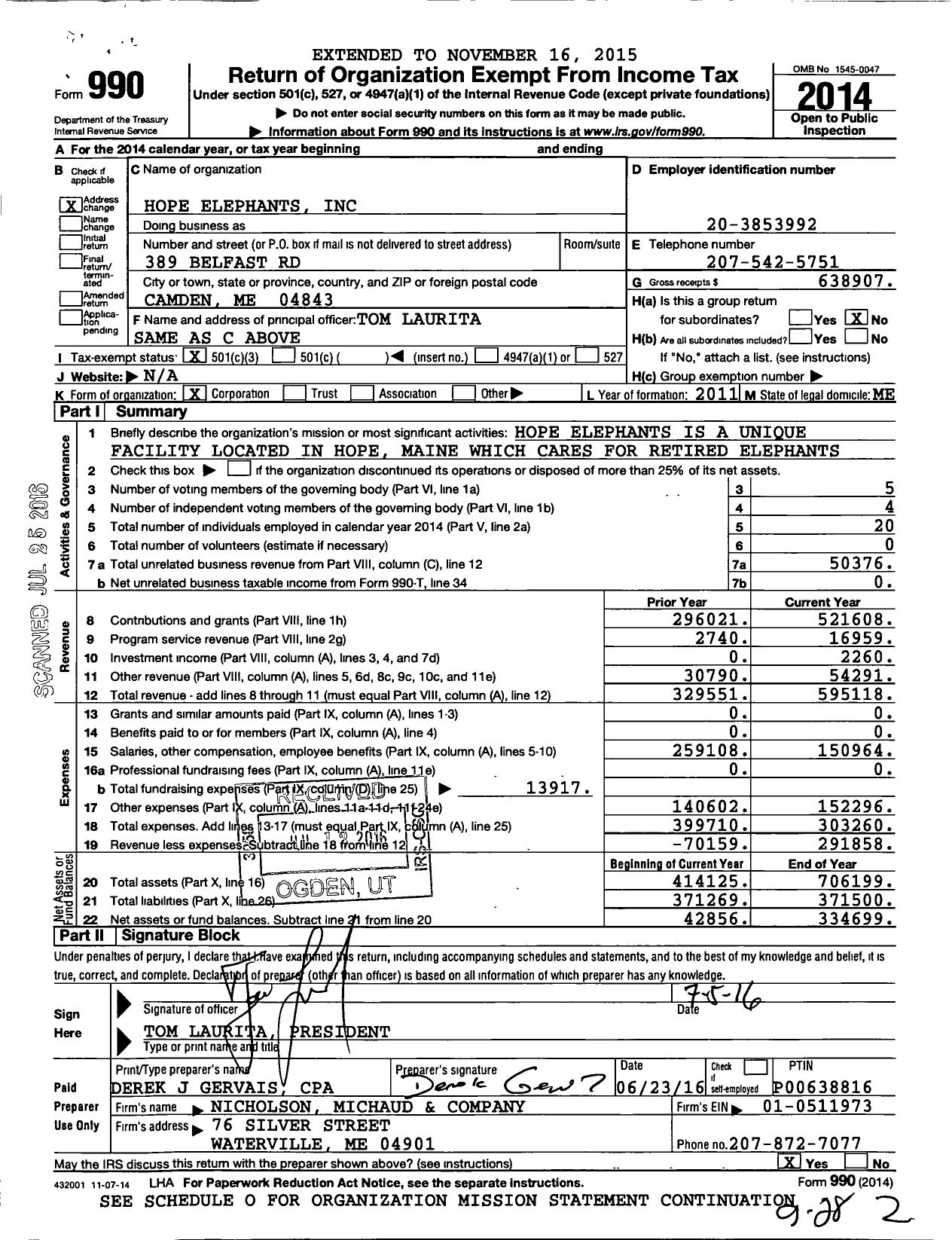 Image of first page of 2014 Form 990 for Hope Elephants