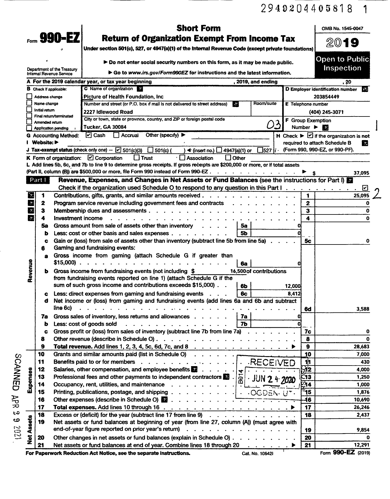 Image of first page of 2019 Form 990EZ for Picture of Health Foundation