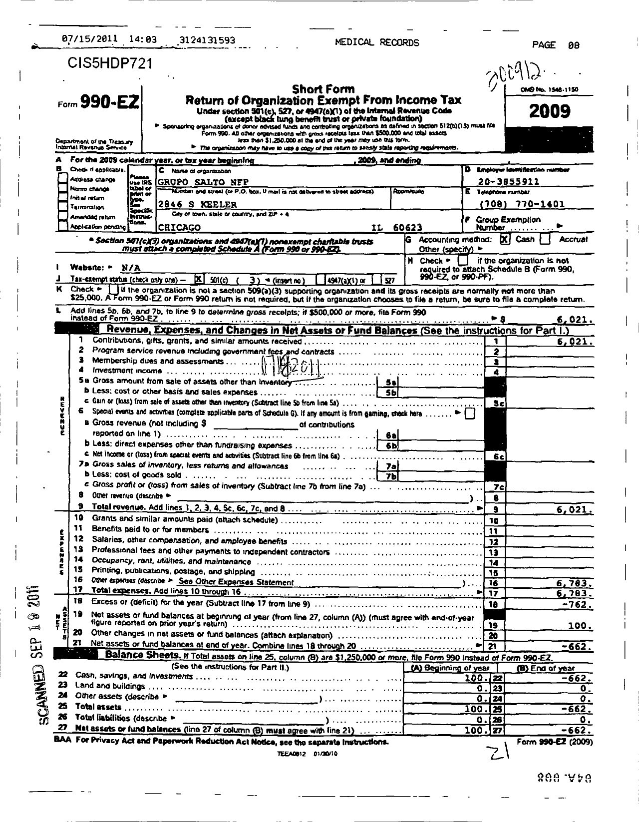 Image of first page of 2009 Form 990EZ for Grupo Salto