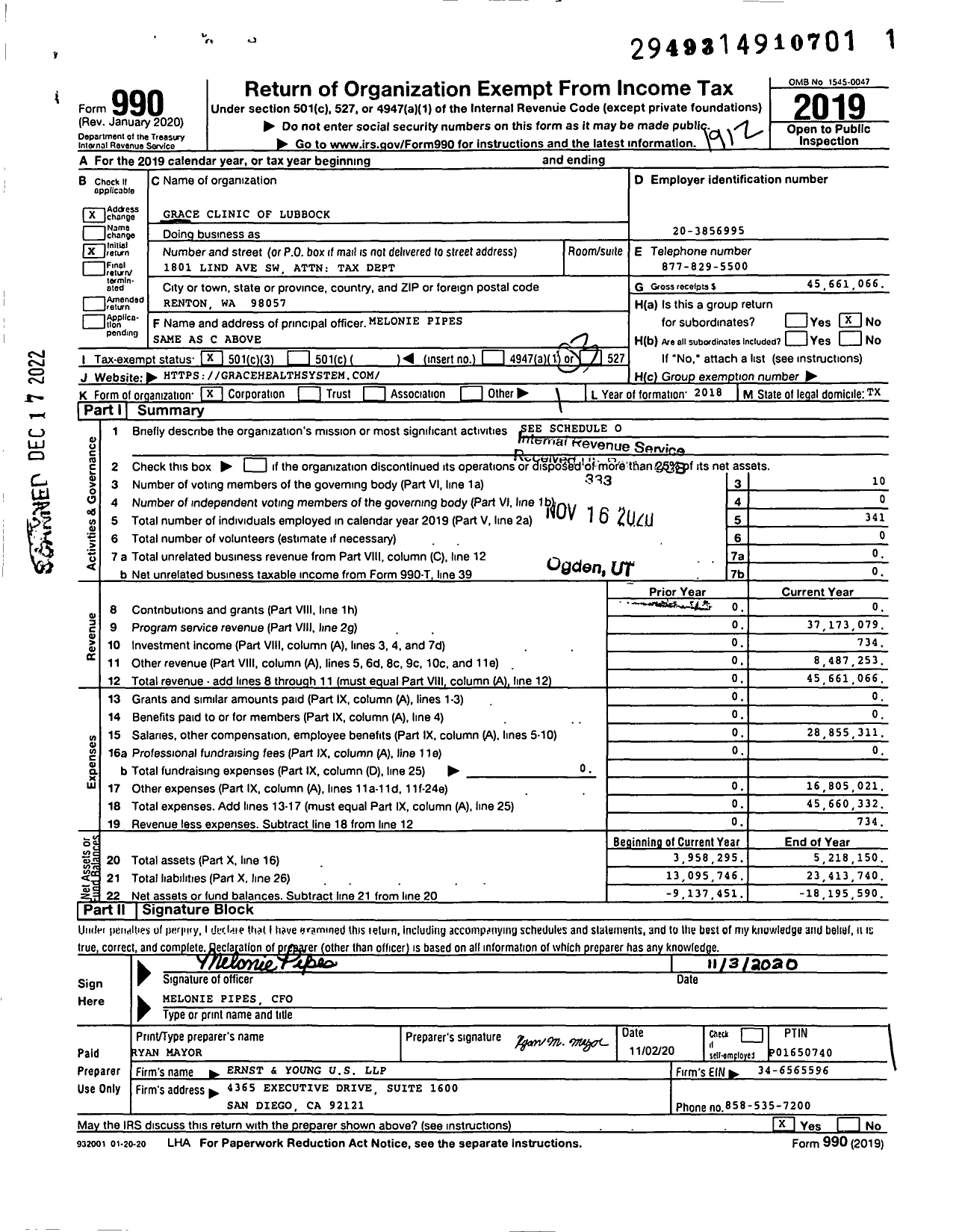 Image of first page of 2019 Form 990 for Grace Clinic of Lubbock