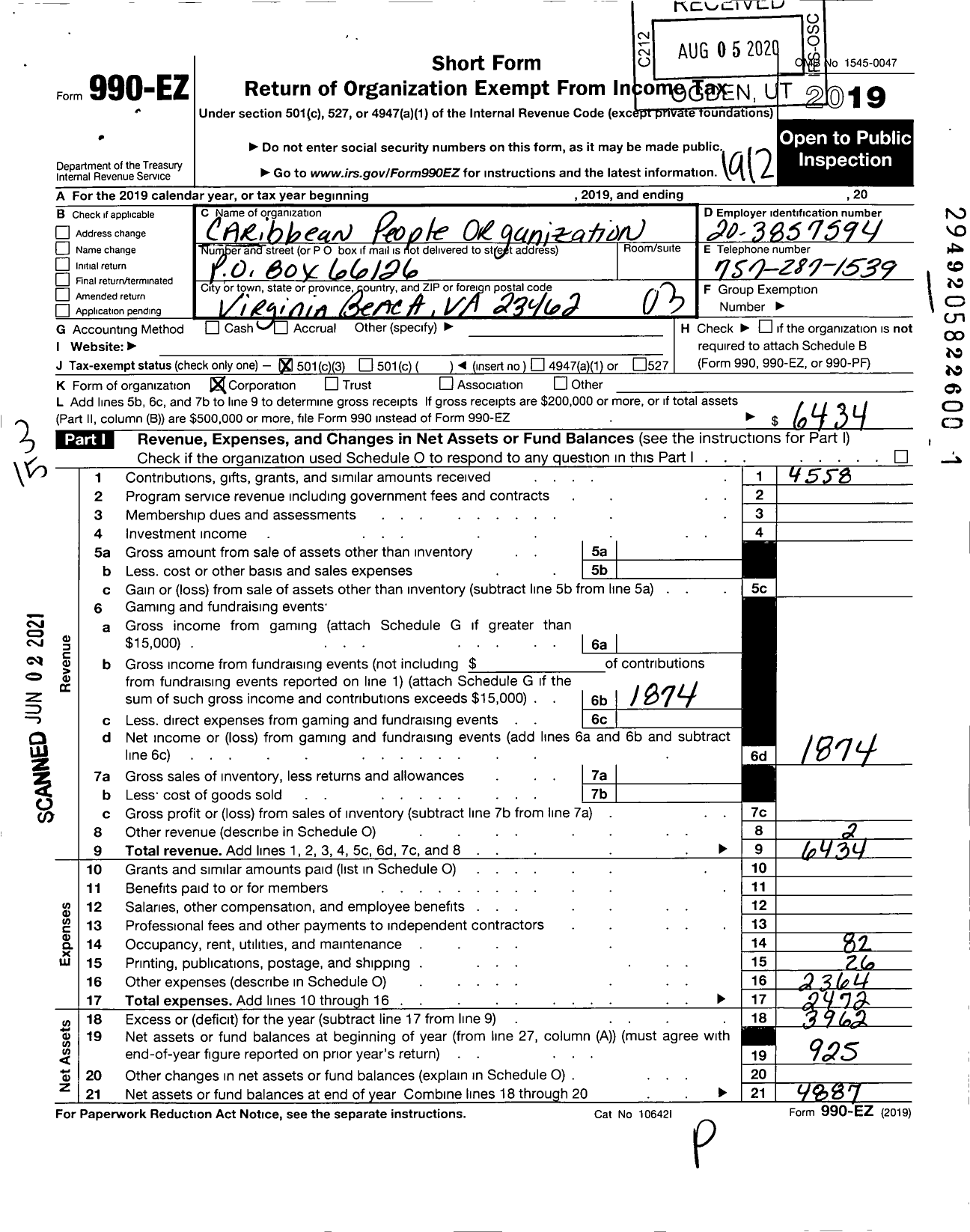 Image of first page of 2019 Form 990EZ for Caribbean People Organization