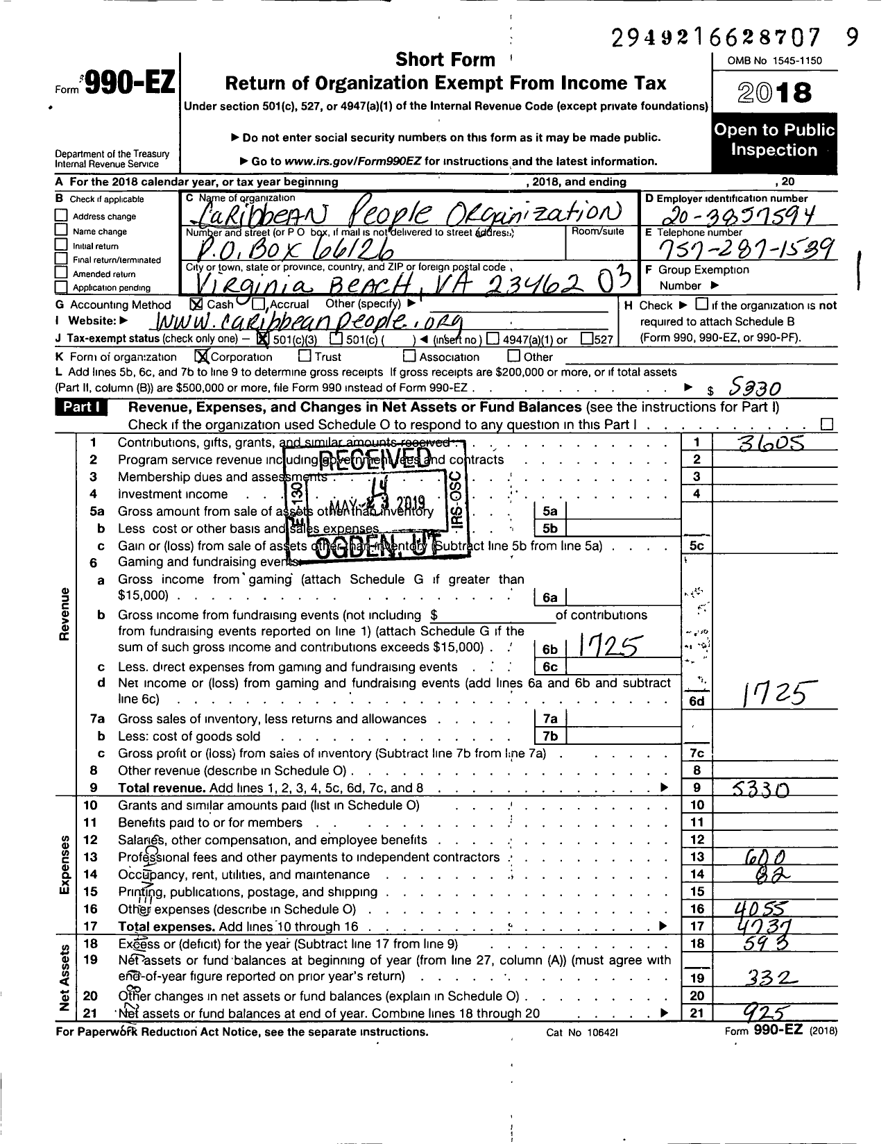 Image of first page of 2018 Form 990EZ for Caribbean People Organization