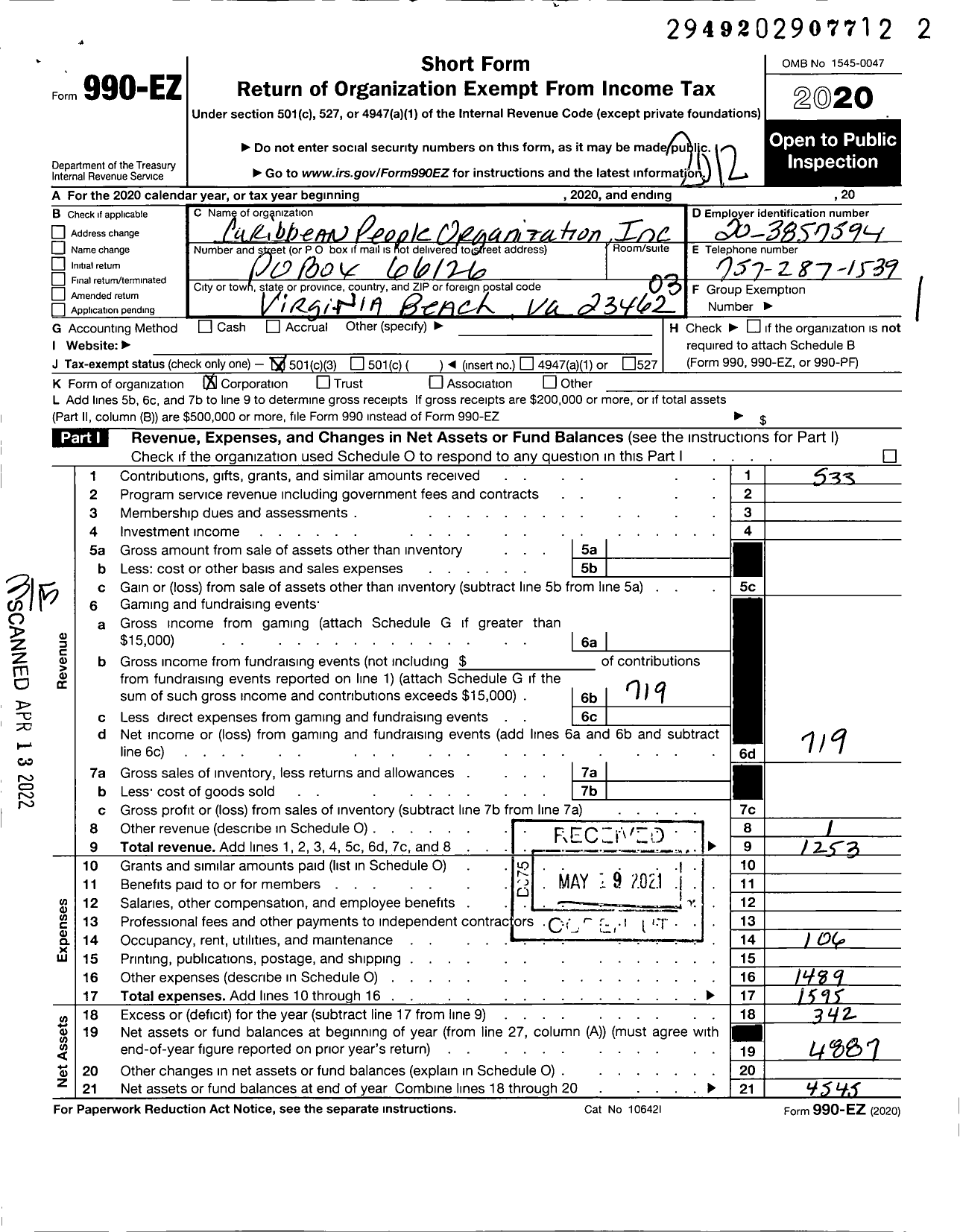 Image of first page of 2020 Form 990EZ for Caribbean People Organization