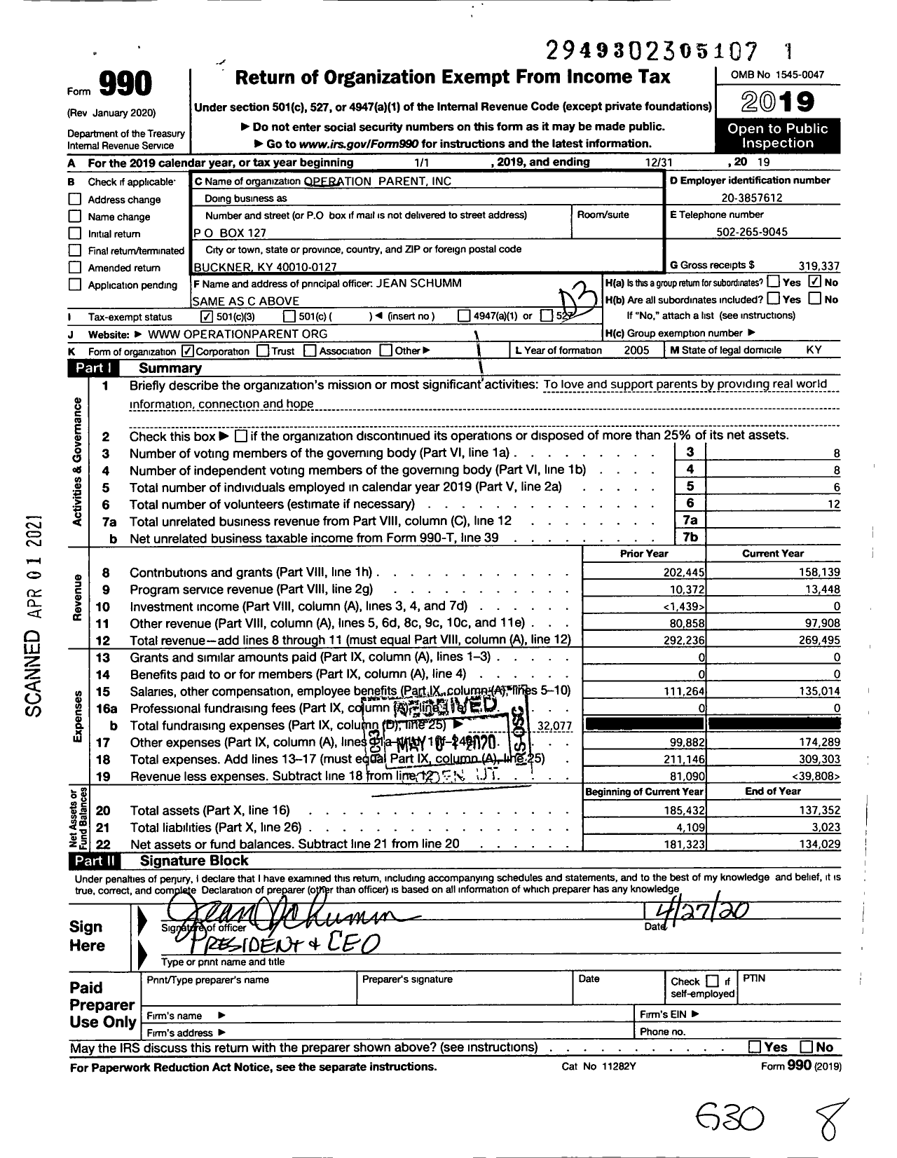 Image of first page of 2019 Form 990 for Operation Parent