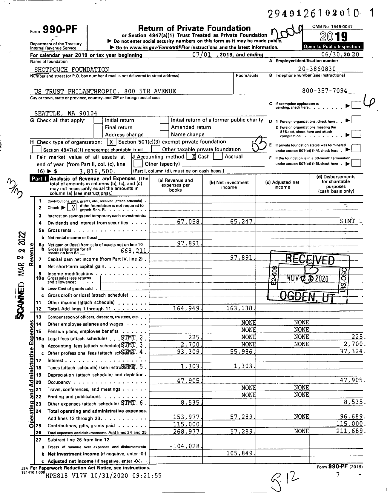 Image of first page of 2019 Form 990PF for Shotpouch Foundation