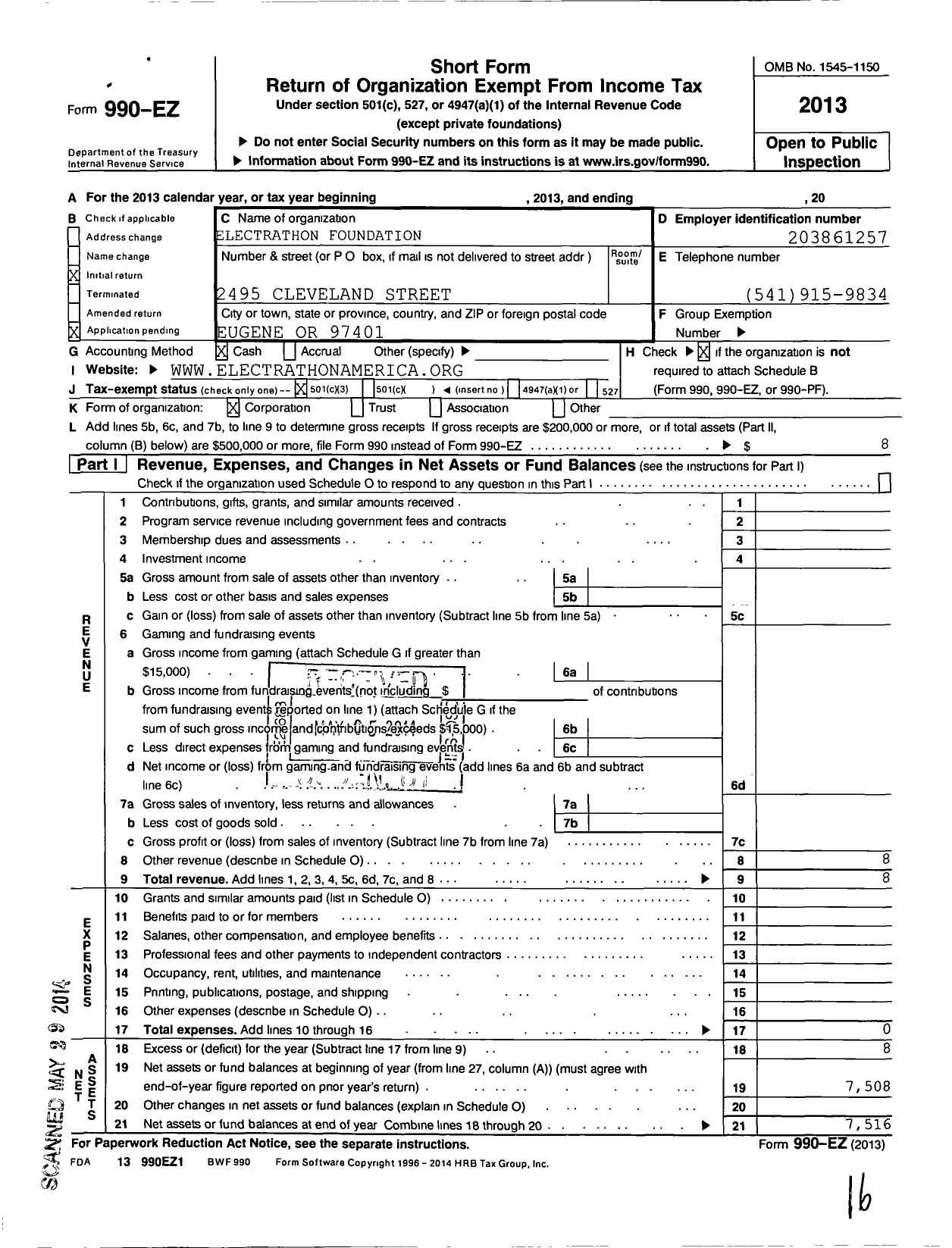 Image of first page of 2013 Form 990EZ for Electrathon Foundation